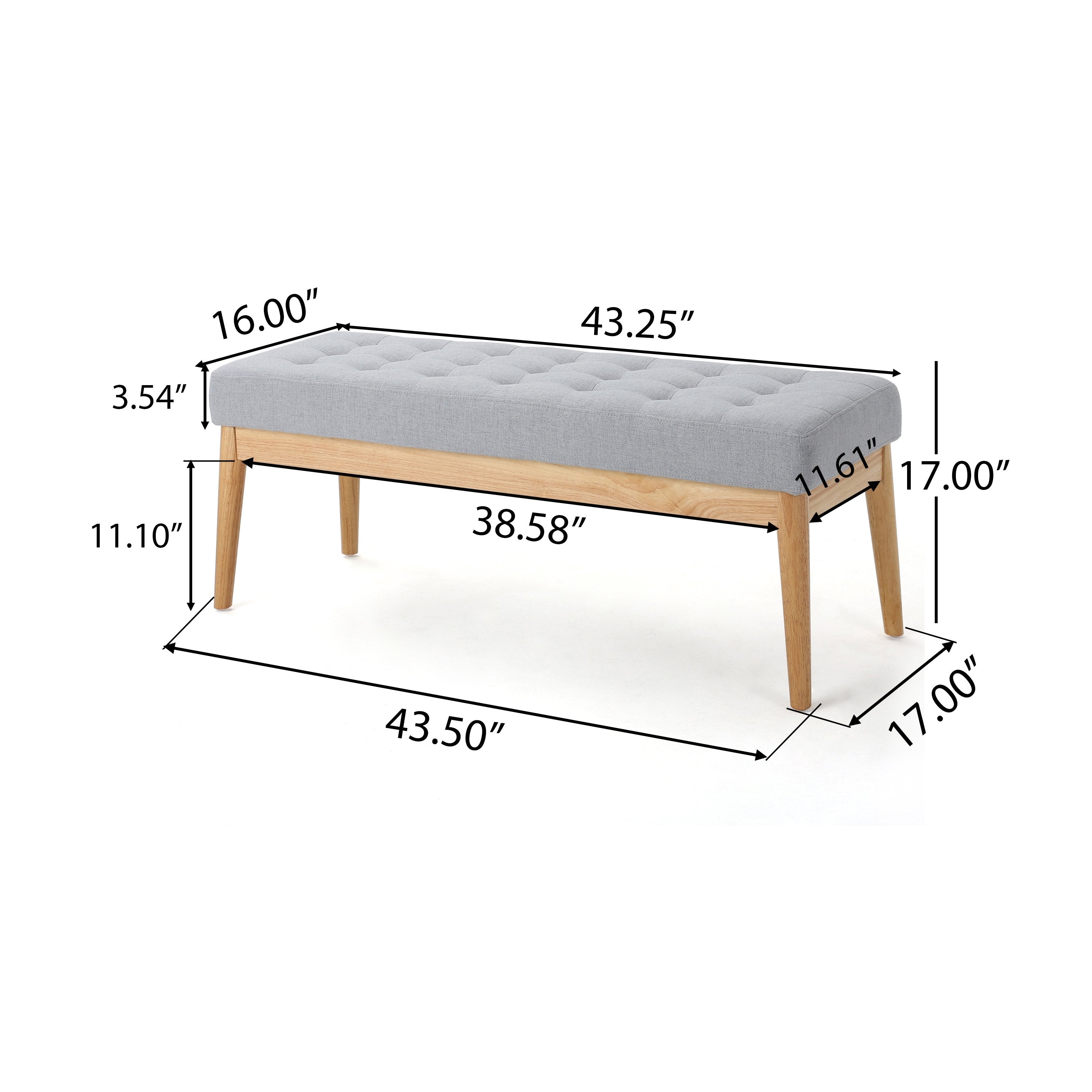 Fabric Ottoman with Cushioned Top, Sturdy Frame, and Space-Saving Design, 43.5" L x 15.75" W x 17" H, Light Gray