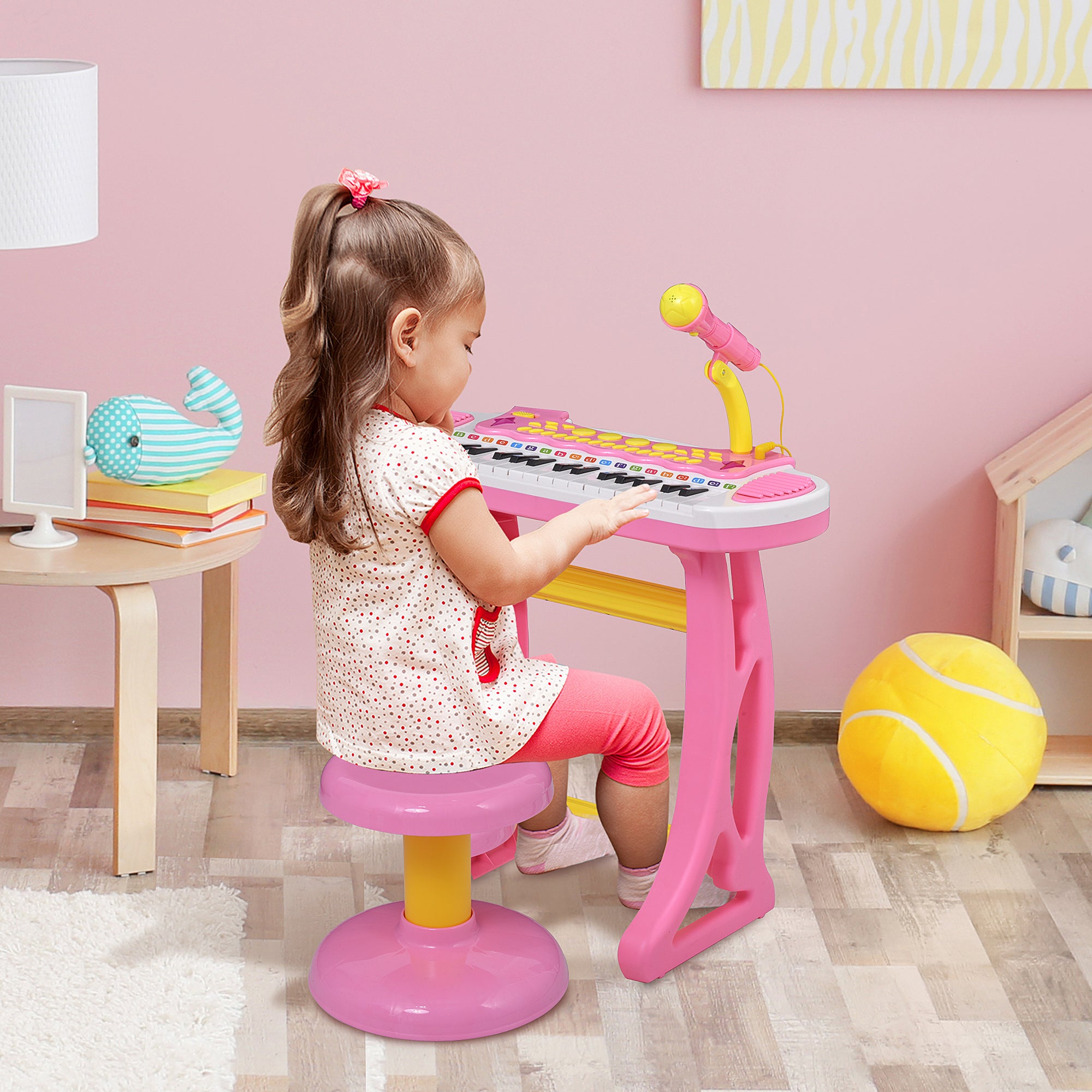 Kids Toy Keyboard Piano Toddler Electronic Instrument with Stool, Microphone and Bright Flashlight for Children Birth Gift, Pink