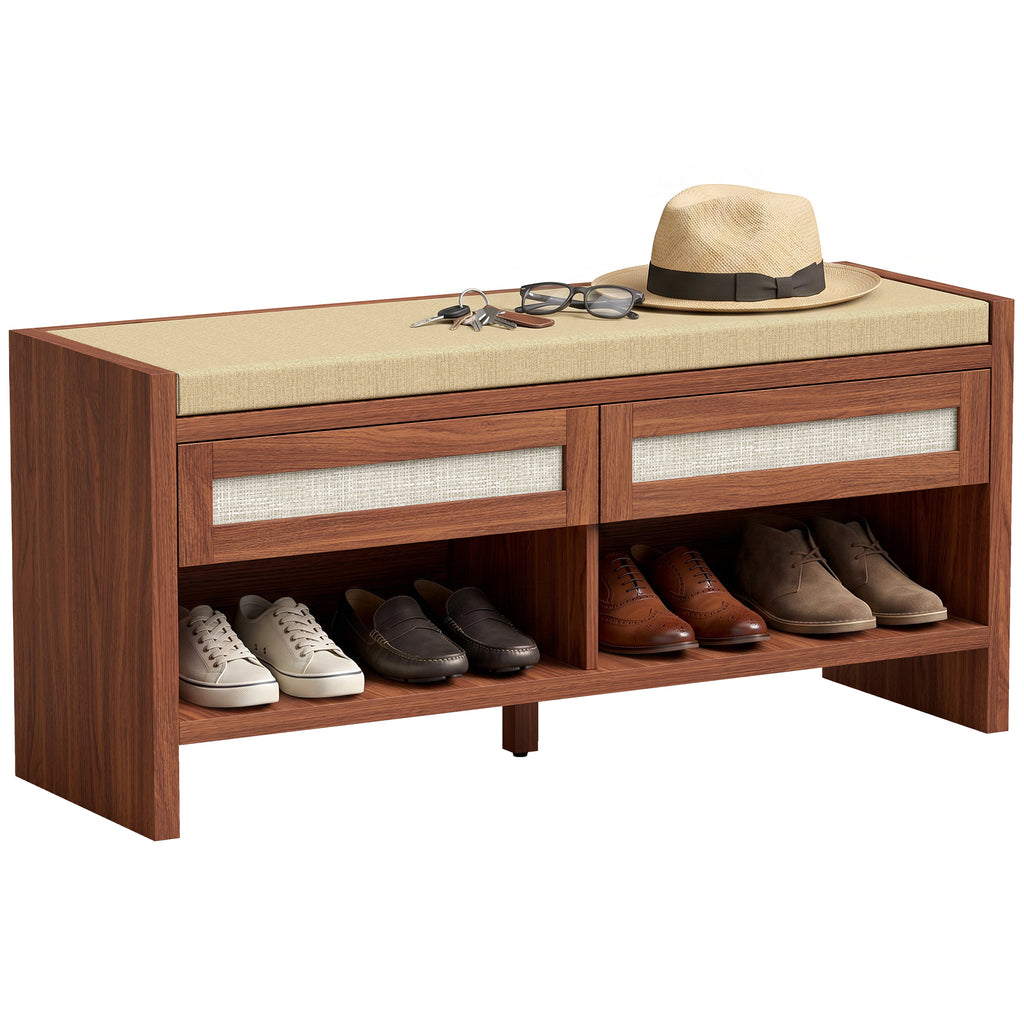 Shoe Bench with Cushioned Seat Shoe Storage Bench with 2 Rattan Drawers and Open Shelf Brown