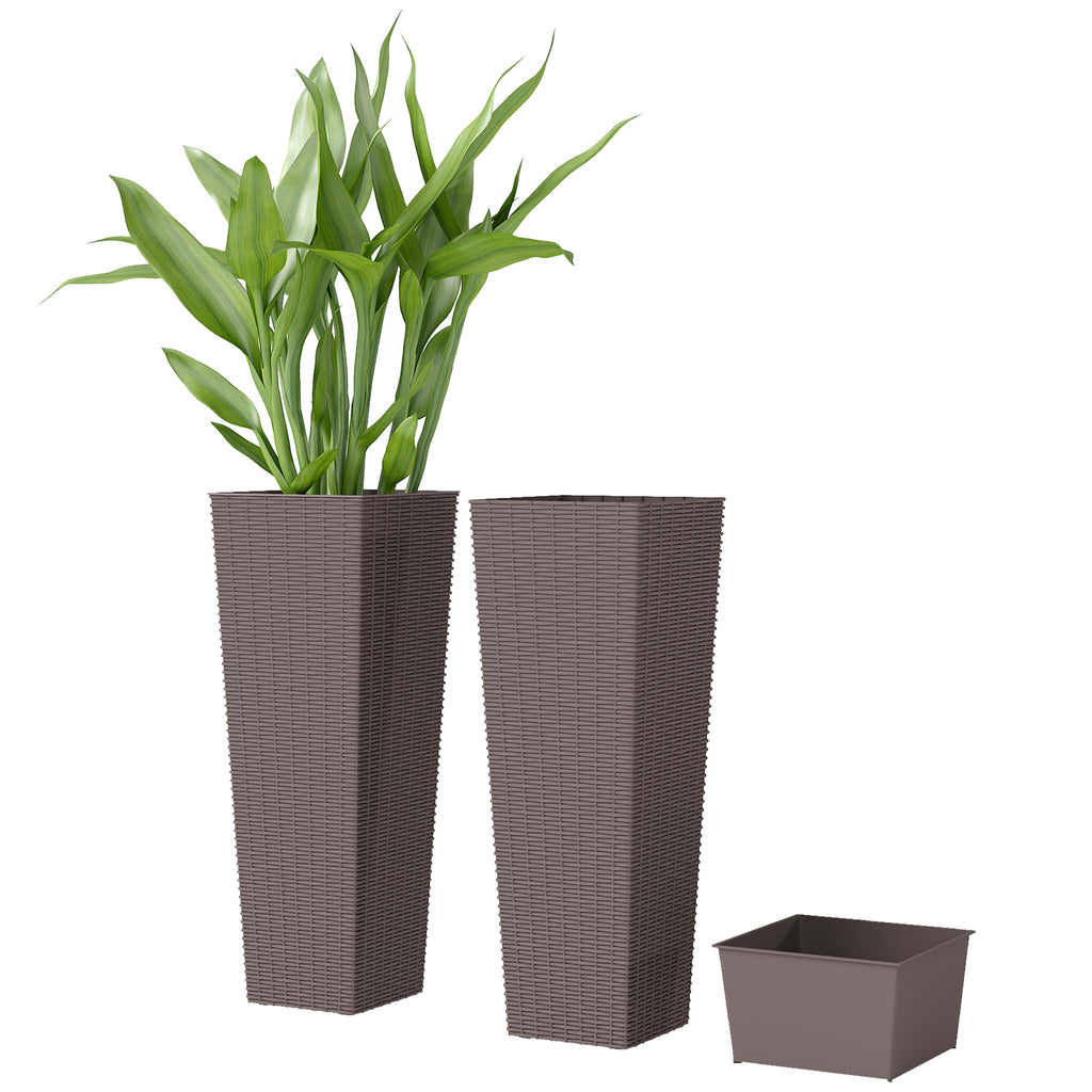 32 Inch Tall Planters for Outdoor Plants, Set of 2 Plastic Flower Pots with Drainage Holes, Brown