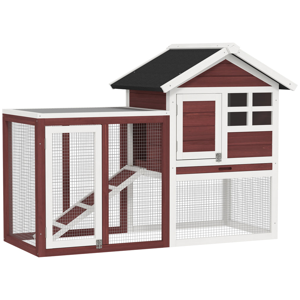 49" Wooden Rabbit Hutch Bunny Cage with Waterproof Asphalt Roof, Fun Outdoor Run, Removable Tray and Ramp, for Rabbits, Chickens, Ducks, Brown