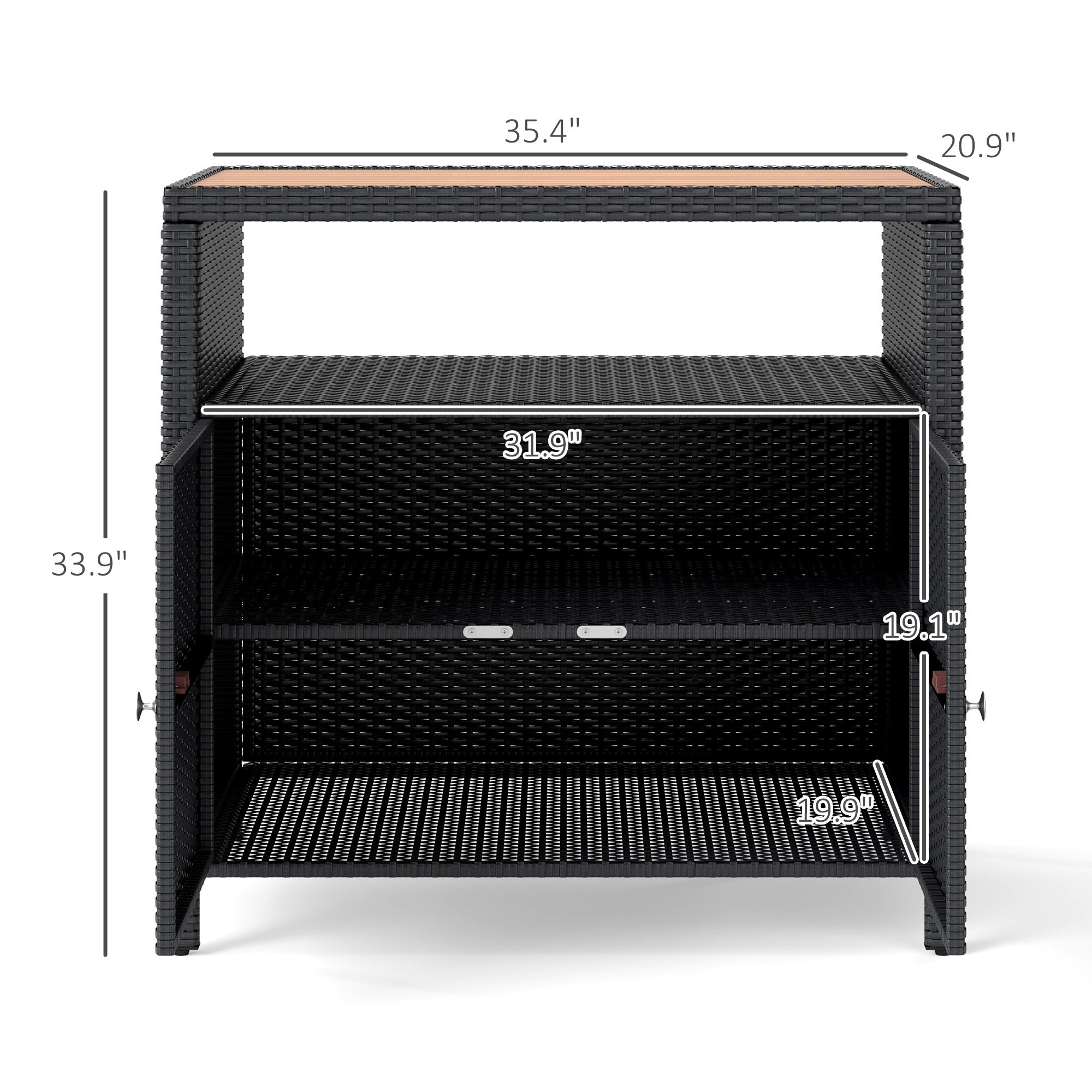 Outdoor Storage Cabinet with Acacia Wood Top, Two Doors, Shelf, Wicker Bar Table for Pool Towel Storage, Black