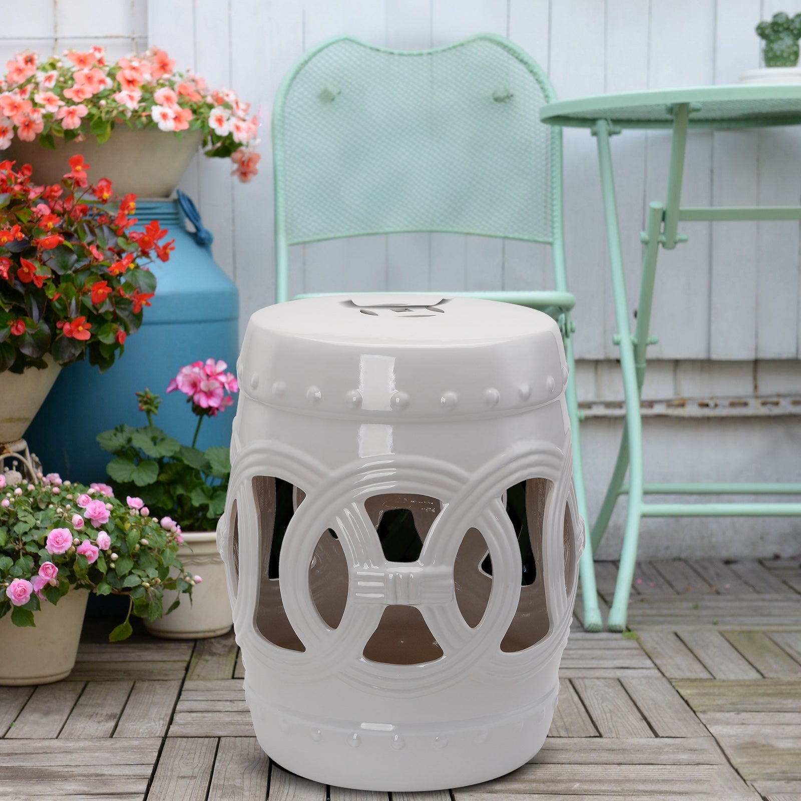 14" x 17" Ceramic Garden Stool with Double-Coin Knotted Ring Design & Strong Glazed Material, Decorative Outdoor Stool, Home Collection, White