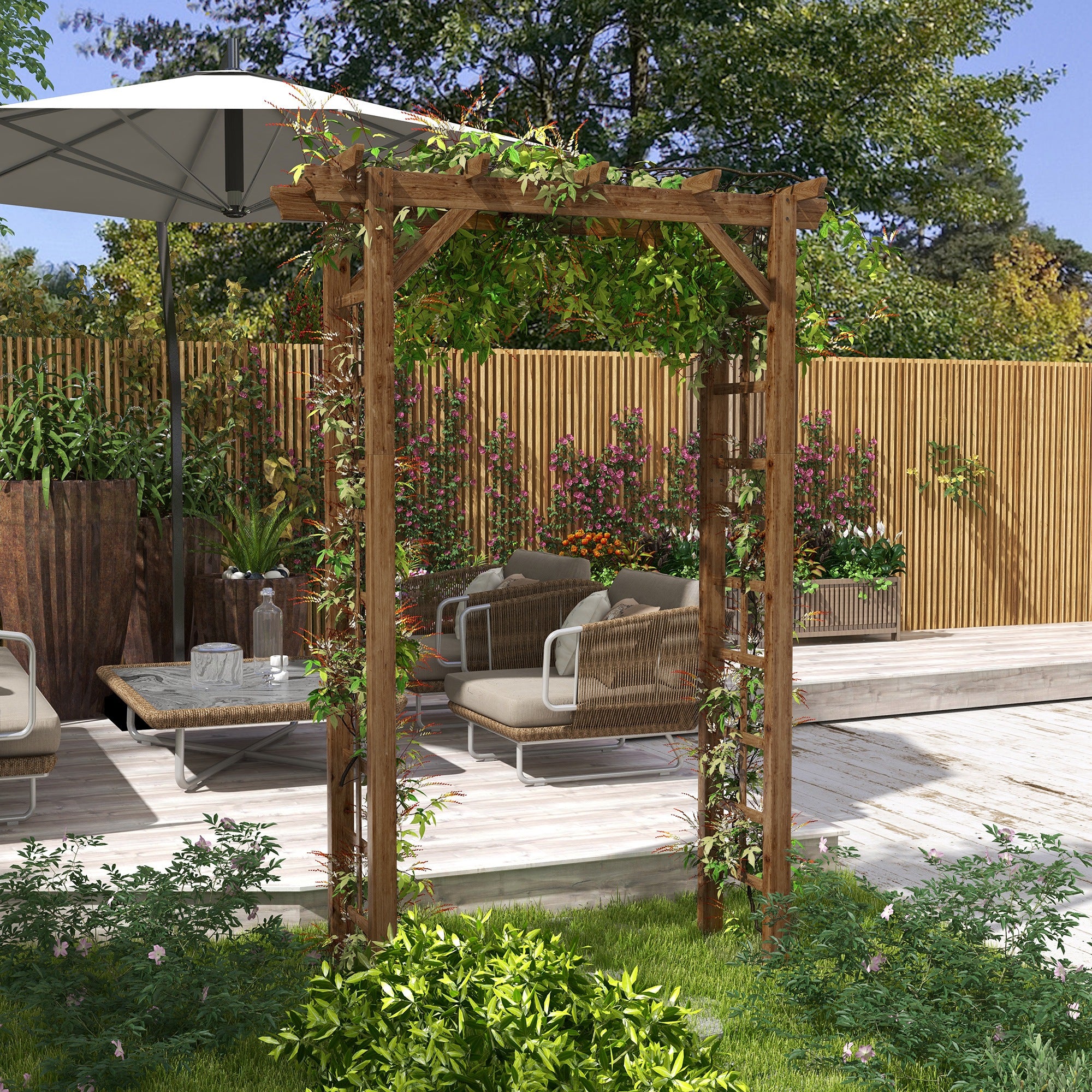 85" Wooden Garden Arbor for Wedding and Ceremony, Outdoor Garden Arch Trellis for Climbing Vines - Carbonized