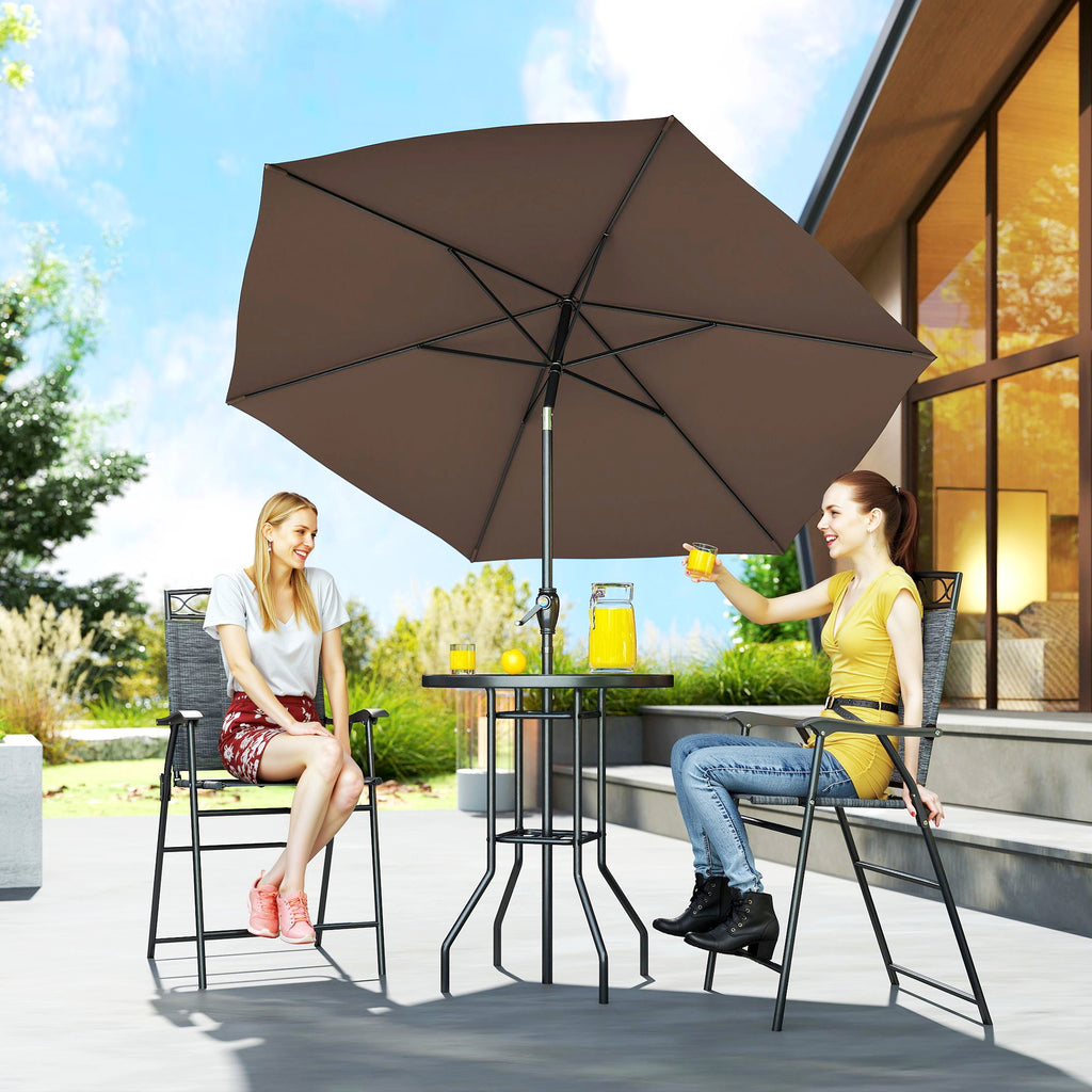 4 Piece Outdoor Bar Set with Umbrella, Patio Dining Set with 2 Folding Chairs, Wave Textured Tempered Glass Table for Backyard, Garden, Deck, Poolside, Black