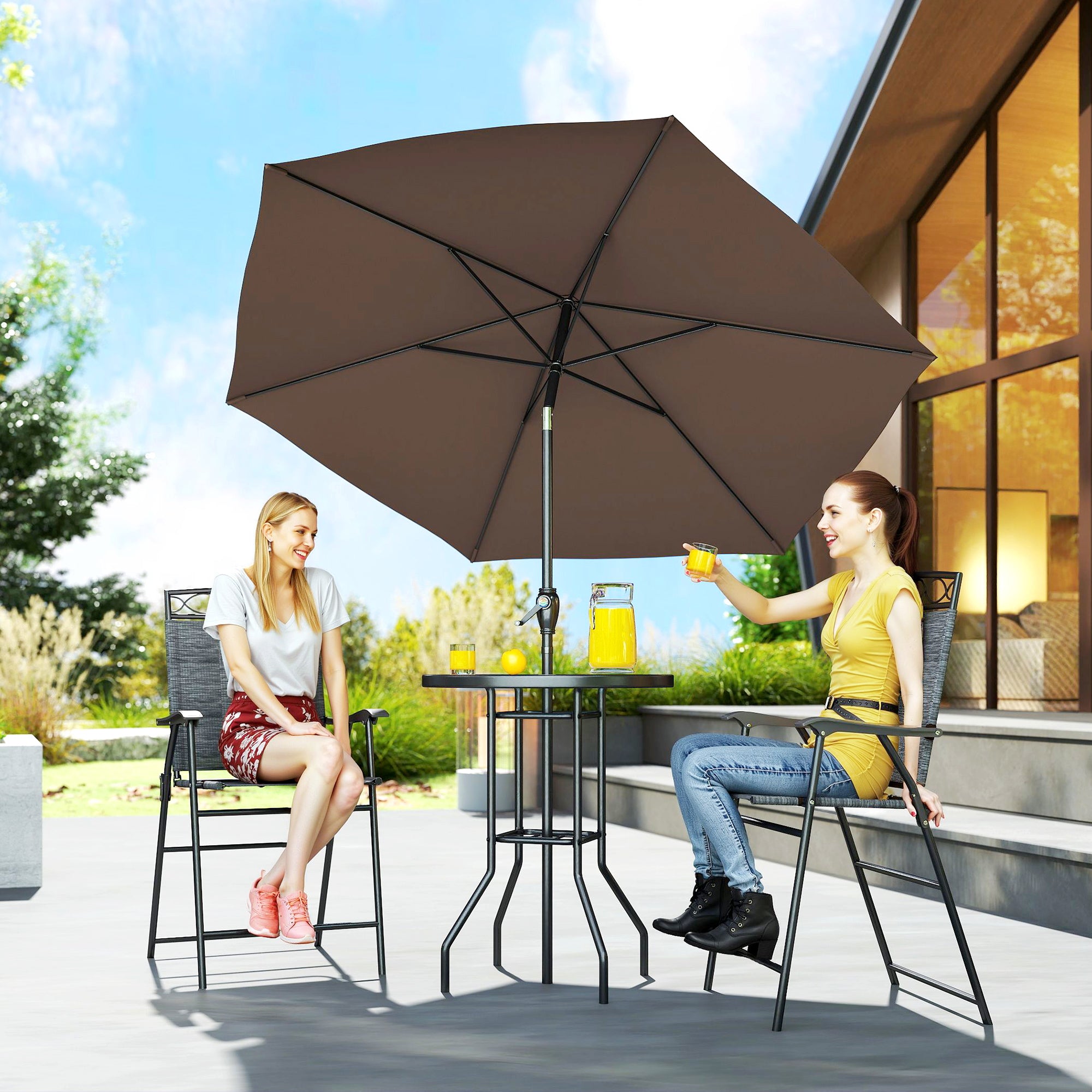 4 Piece Outdoor Bar Set with Umbrella, Patio Dining Set with 2 Folding Chairs, Wave Textured Tempered Glass Table for Backyard, Garden, Deck, Poolside, Black