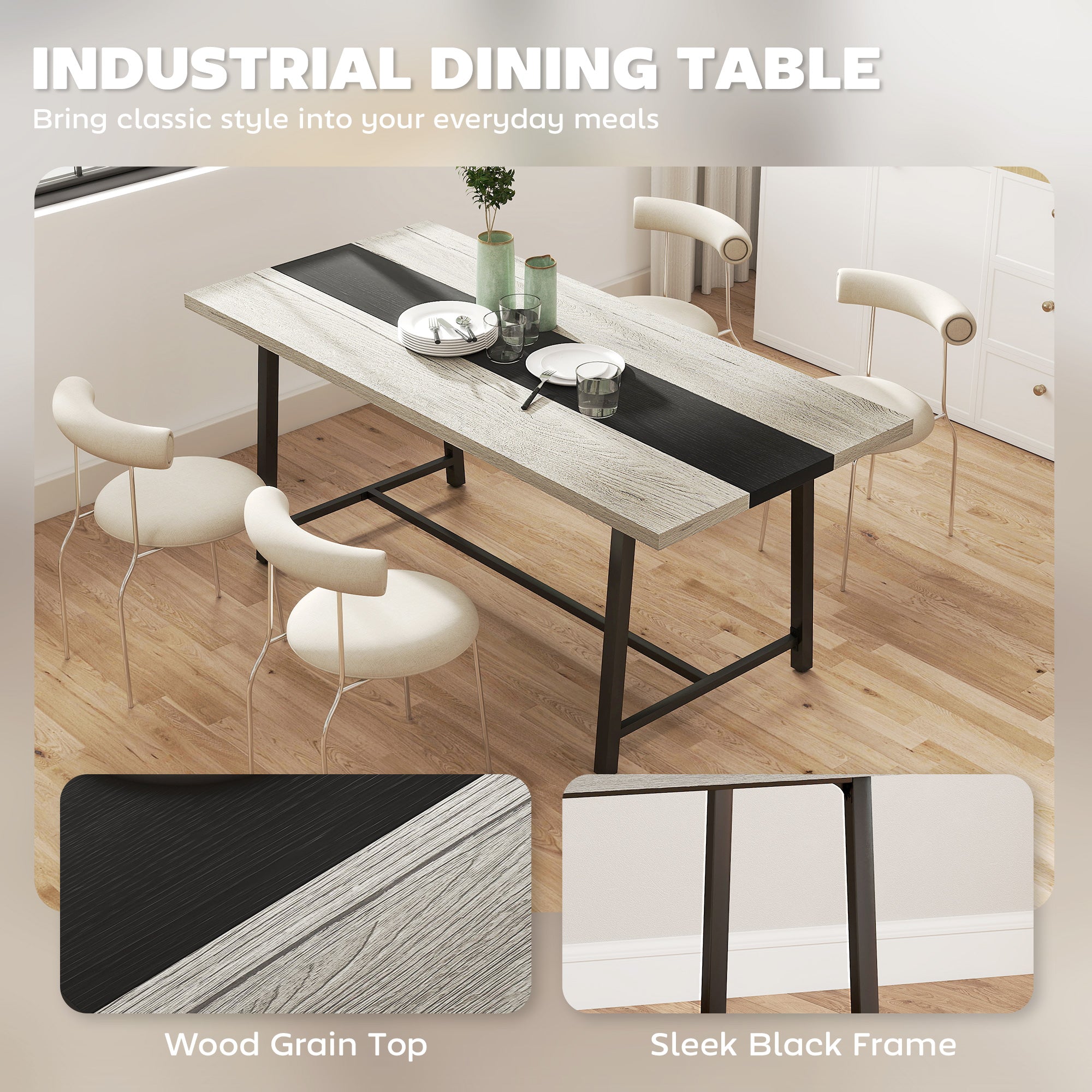Industrial Kitchen Table for 8 People, 70.9" Long Dining Table with Large Tabletop and Steel Legs for Dining Room, Gray