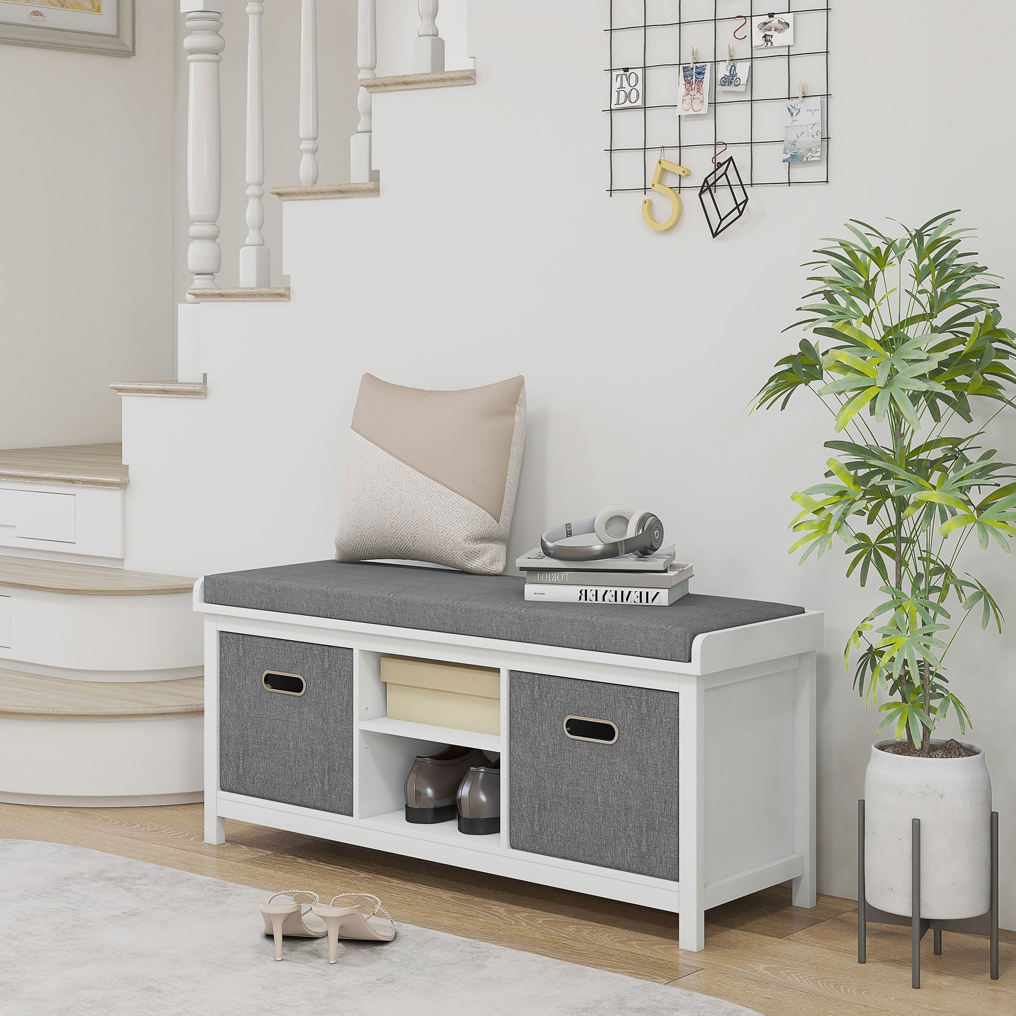 Shoe Storage Bench with Cushioned Seat, Entryway Bench Seat with 2 Drawers and Adjustable Shelf for Hallway, White