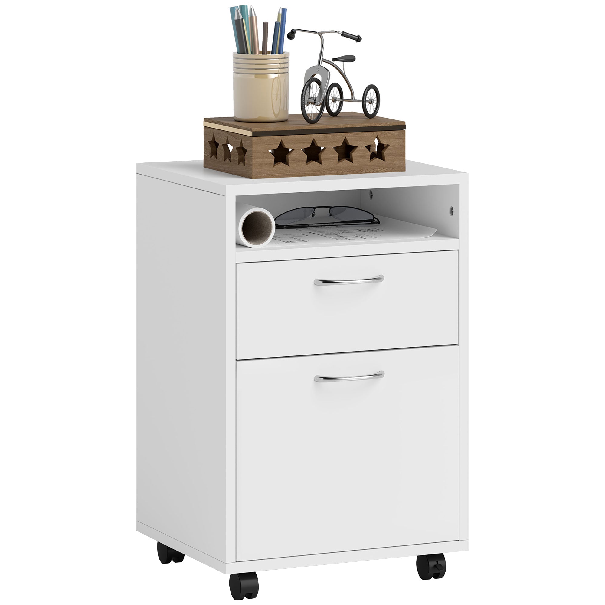 Mobile Storage Cabinet Organizer with Drawer and Cabinet, Printer Stand with Castors, White