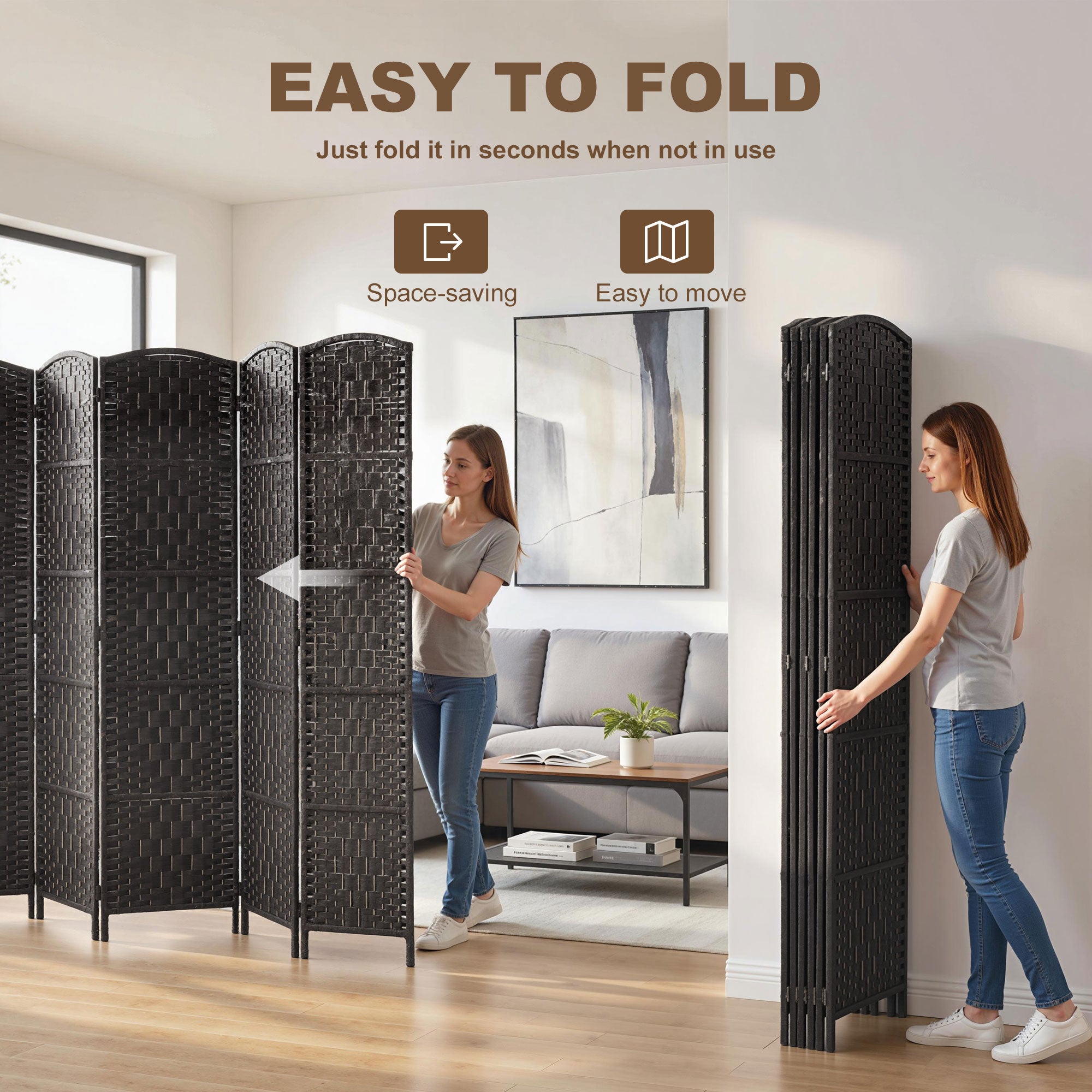 Room Divider, 6 Panel Folding Privacy Screen, 6FT Tall Portable Weave Partition Wall Divider for Bedroom, Coffee