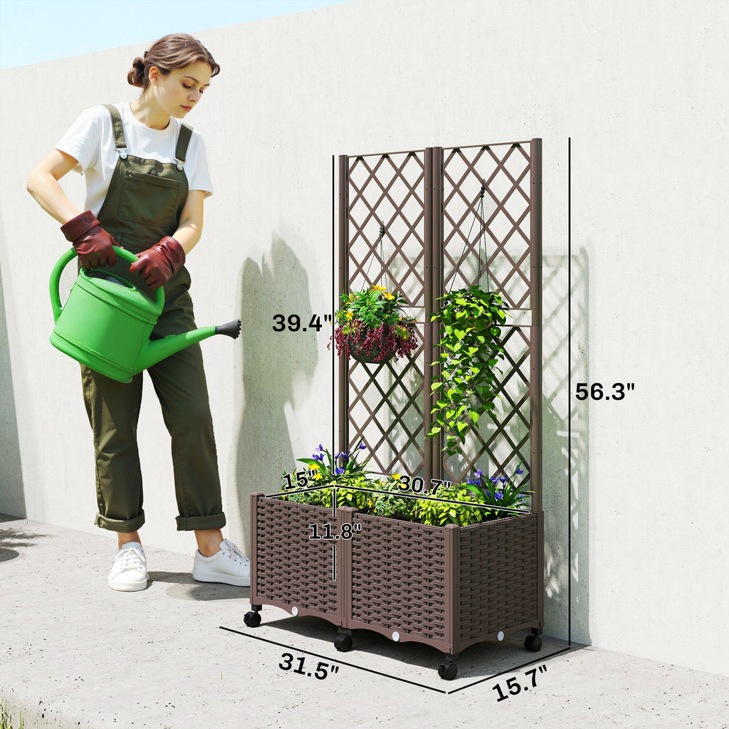 Planter Box with Trellis, Self Watering Raised Garden Bed with Lockable Wheels and Drainage Holes, Brown