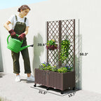 Planter Box with Trellis, Self Watering Raised Garden Bed with Lockable Wheels and Drainage Holes, Brown
