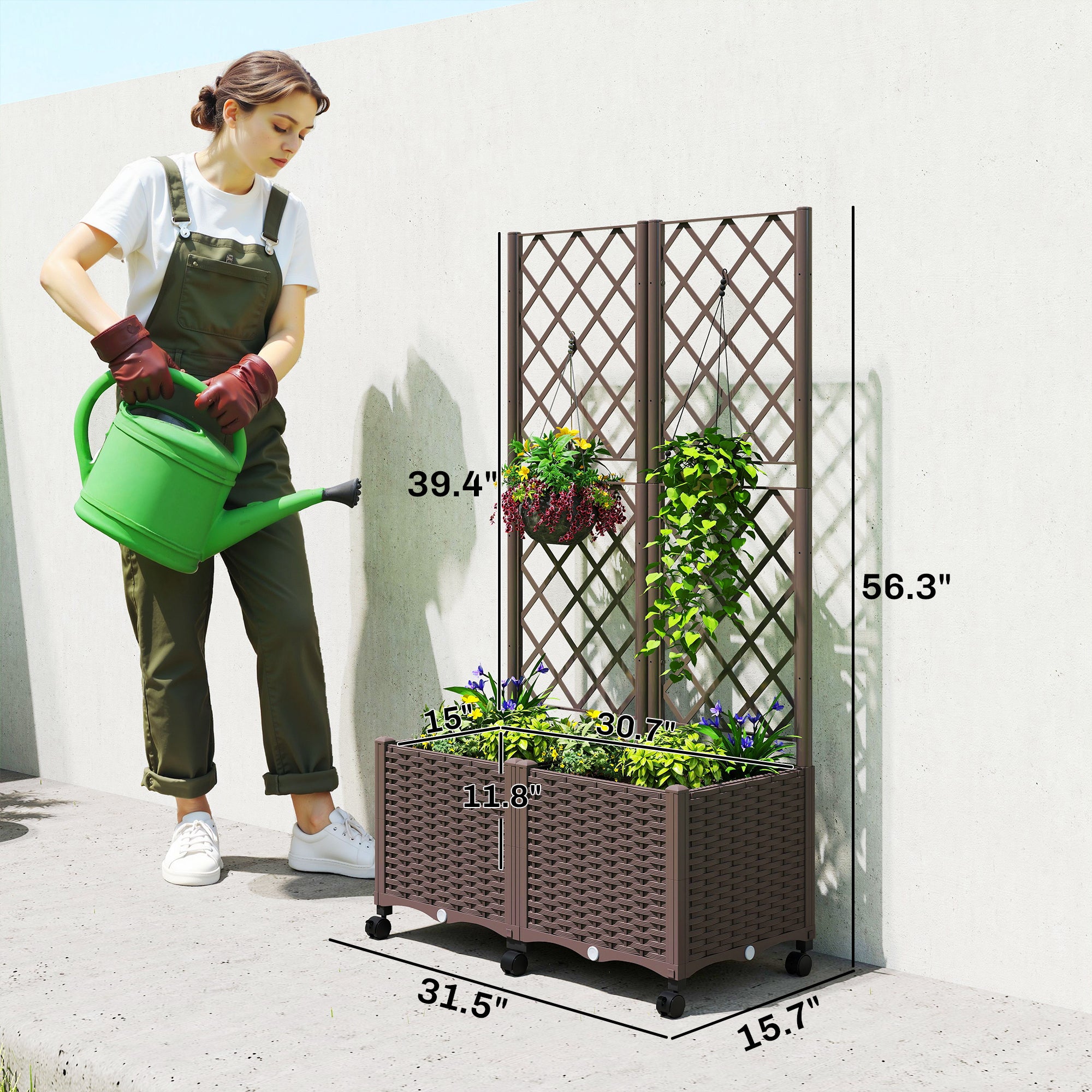 Planter Box with Trellis, Self Watering Raised Garden Bed with Lockable Wheels and Drainage Holes, Brown