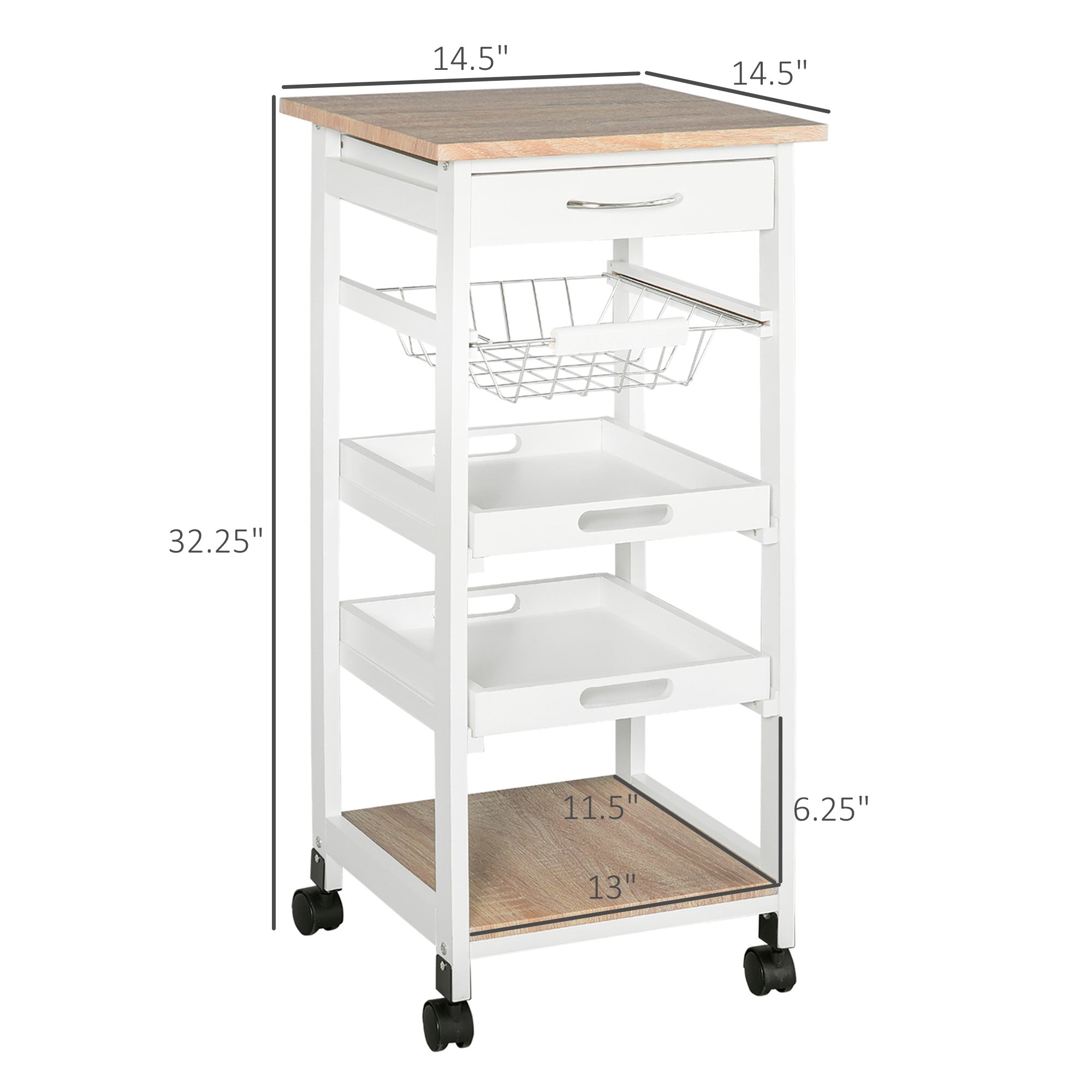 Mobile Kitchen Cart, Rolling Kitchen Island with Storage, Utility Cart with Wire Fruit Baskets, Trays and Drawer, White