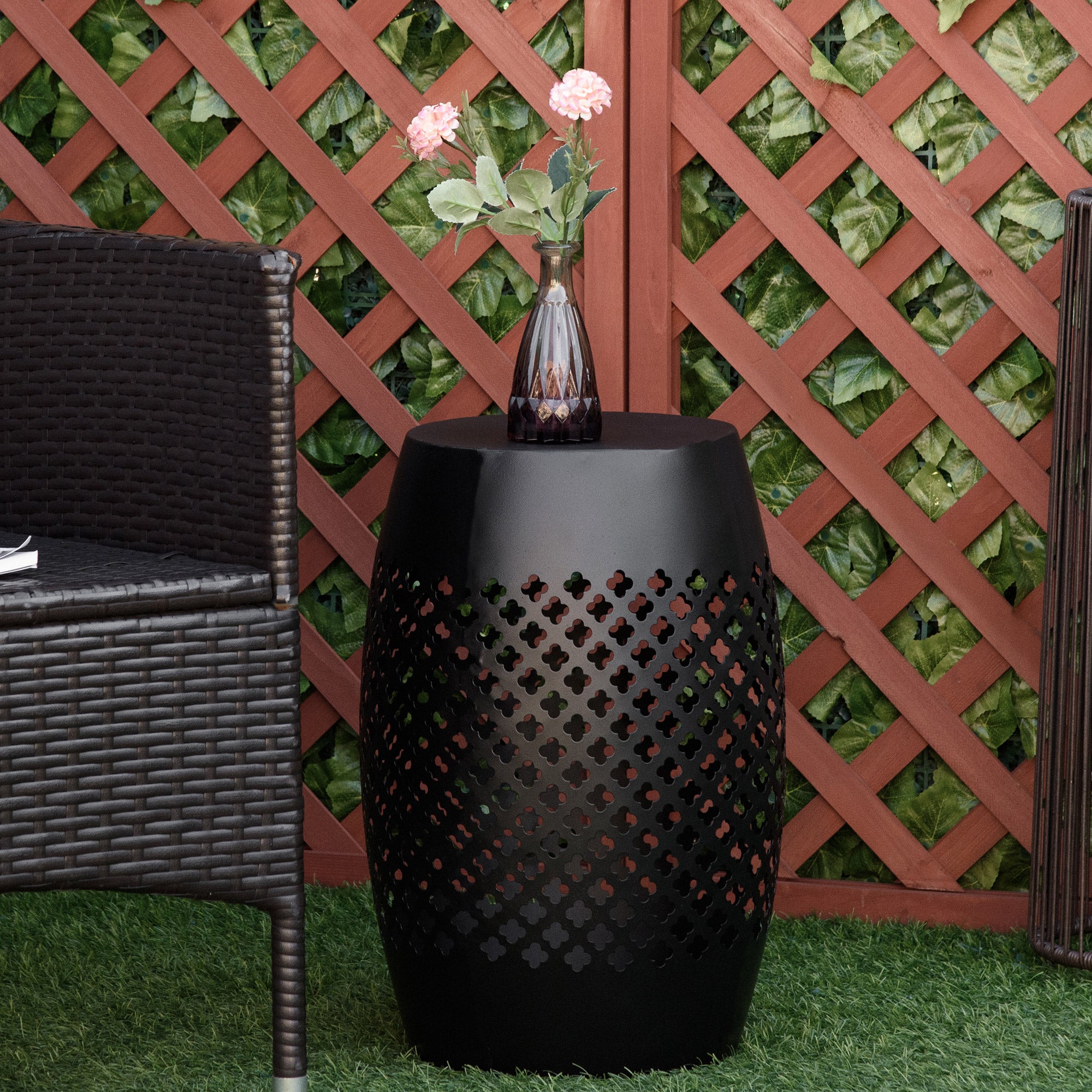 12" Steel Outdoor Side Table, Round Hollow Drum Patio End Table, Accent Table for Indoor and Outdoor, Black