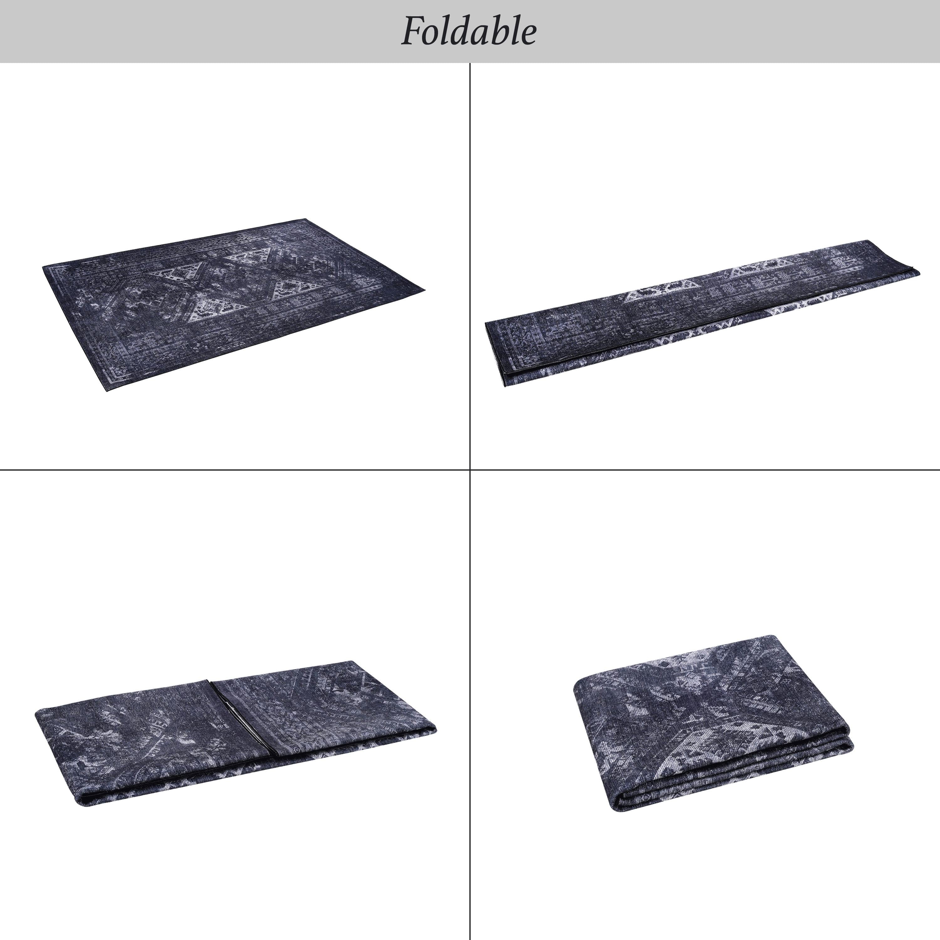 4x6 Low-Pile Non-Slip Non-Shedding Washable Area Rug, Kid and Pet Friendly, Foldable for Living Room, Bedroom, Dining Room, Black+Gray