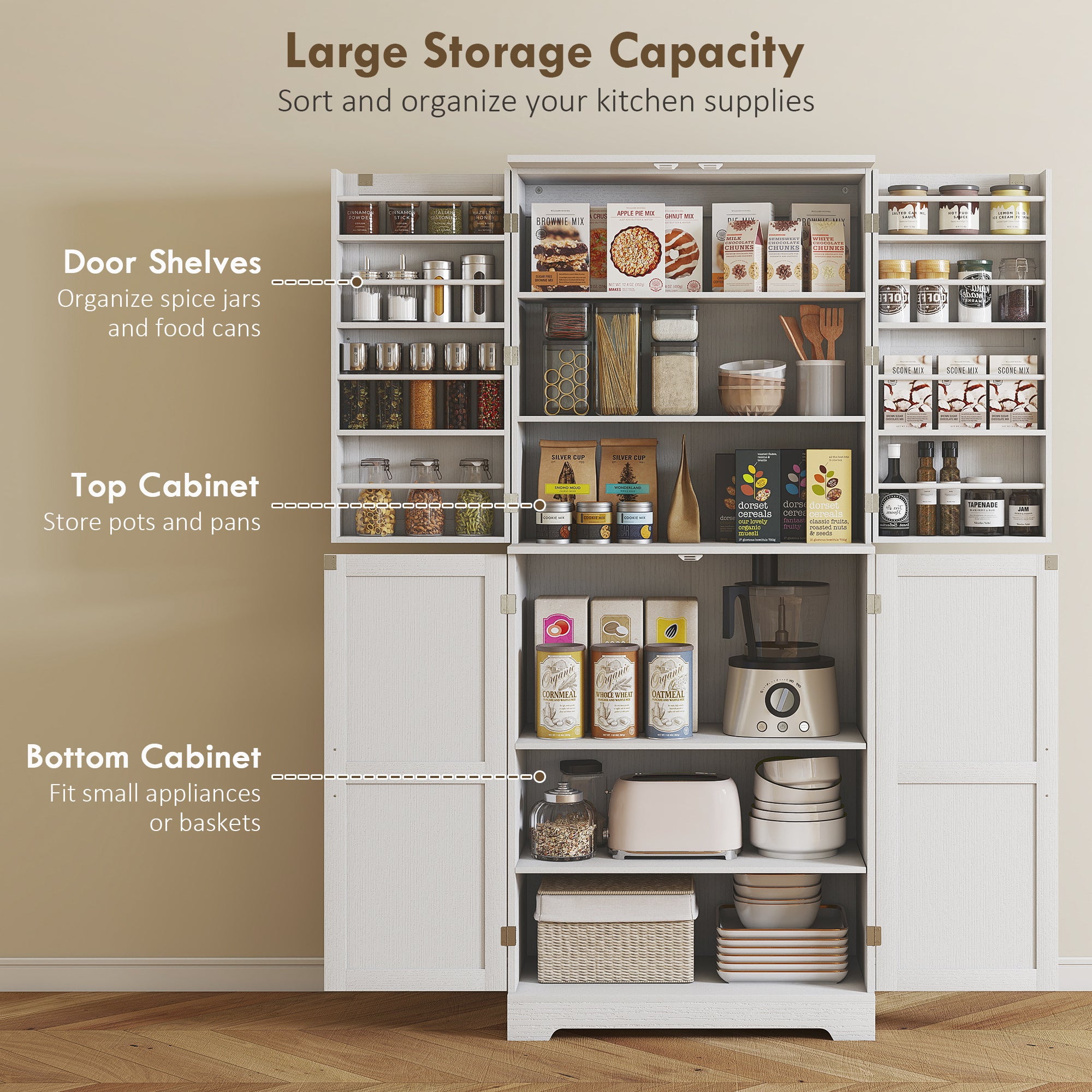 Farmhouse Kitchen Pantry, 72" Tall Pantry Cabinet with 4 Barn Doors, 4 Adjustable Shelves and 8 Door Shelves, White