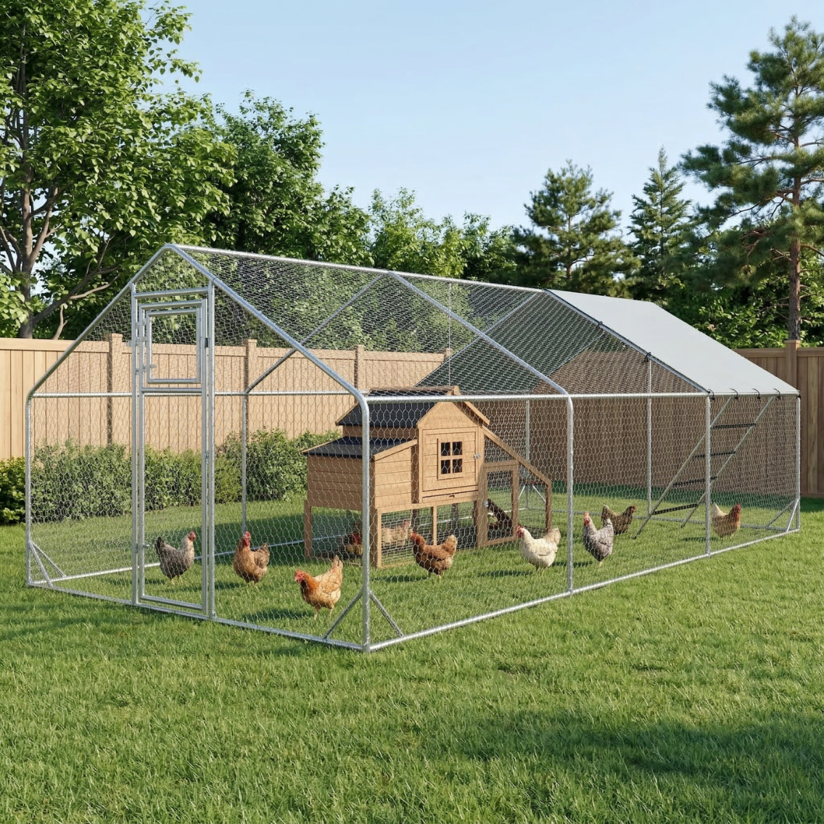 Metal Chicken Run w/ Waterproof & Anti-UV Cover, Feeding Door, Hanging Feeder, for 18-24 Chickens, 9.8' x 19.7' x 6.4'