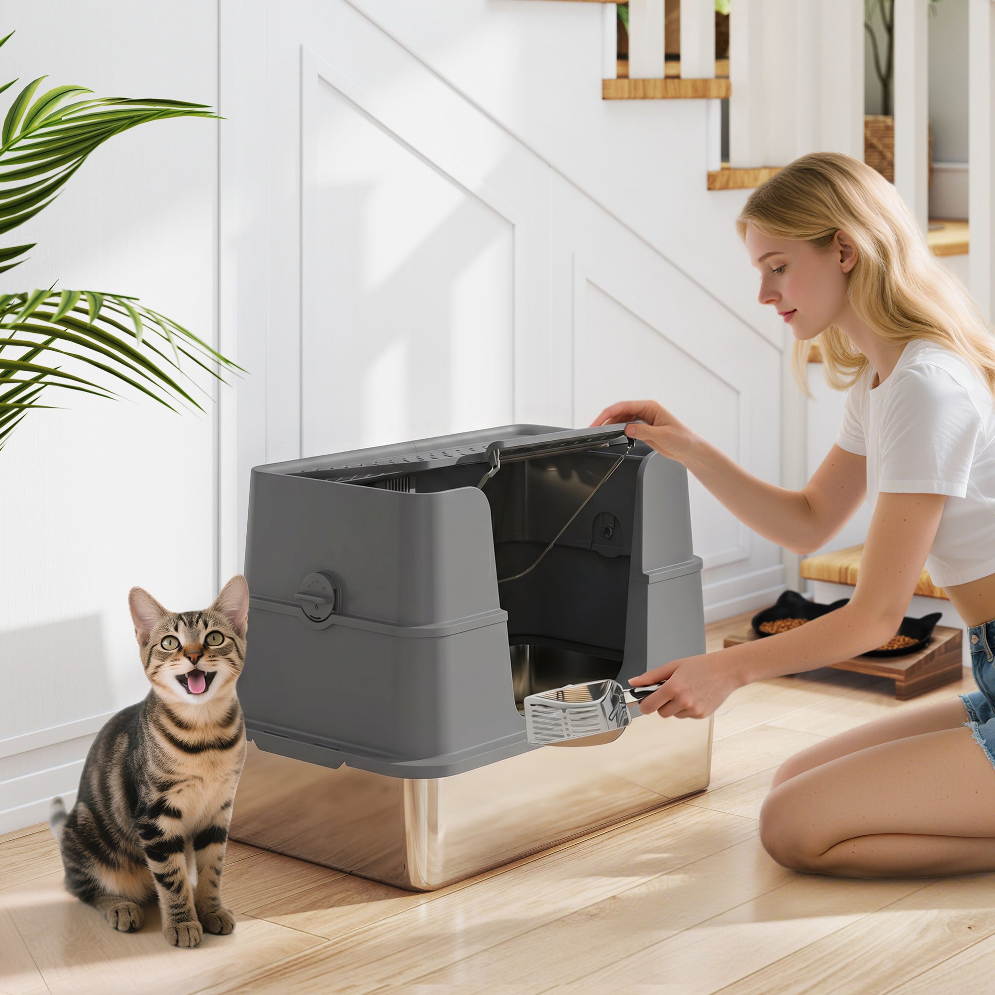 XL Stainless Steel Litter Box w/ 100° Flip Top, Scoop, Top & Side Entry Enclosed Litter Box for Big Cats