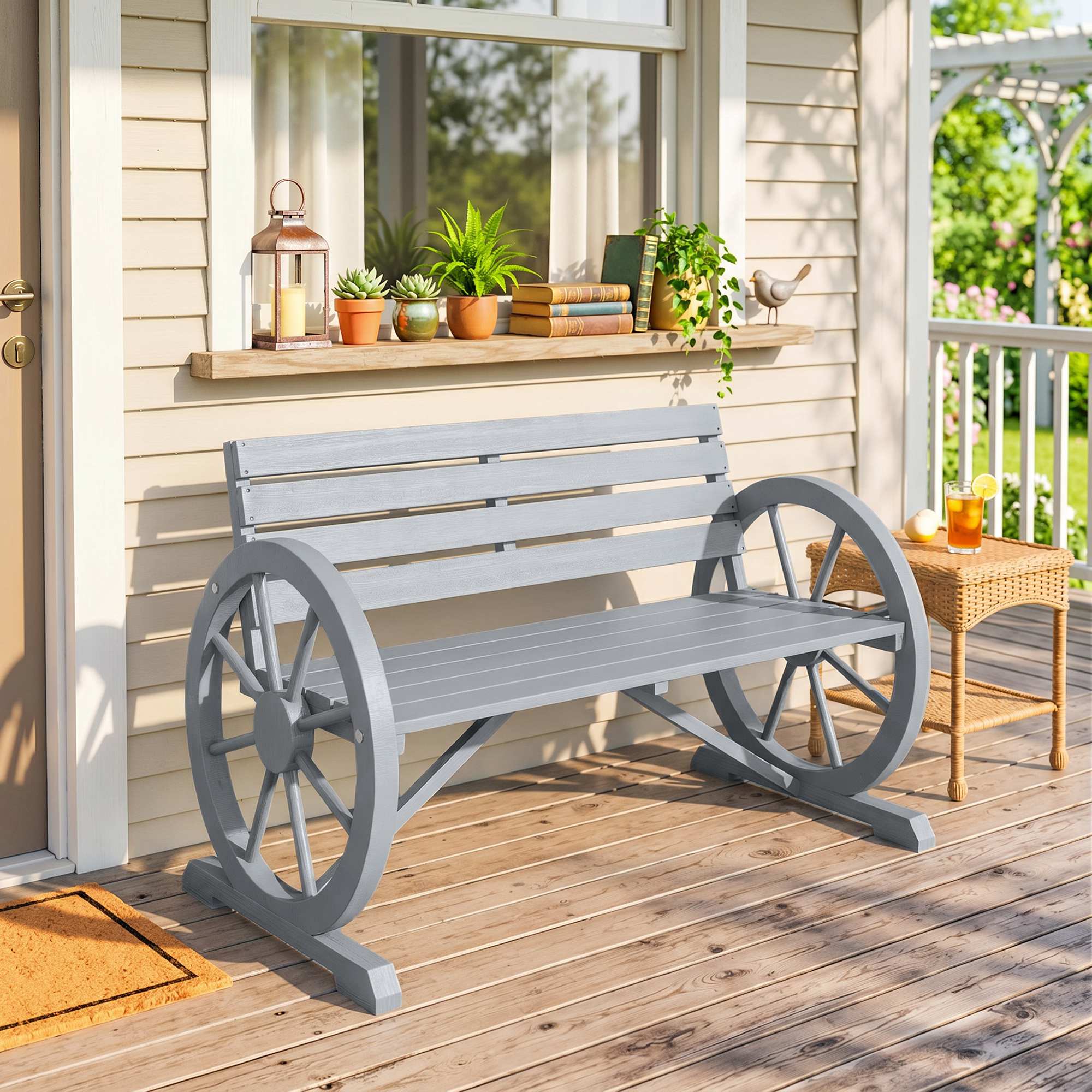 41" Wooden Wagon Wheel Bench, Rustic Outdoor Patio Bench Weather Resistance Furniture, 2-Person Slatted Seat with Backrest, Light Gray