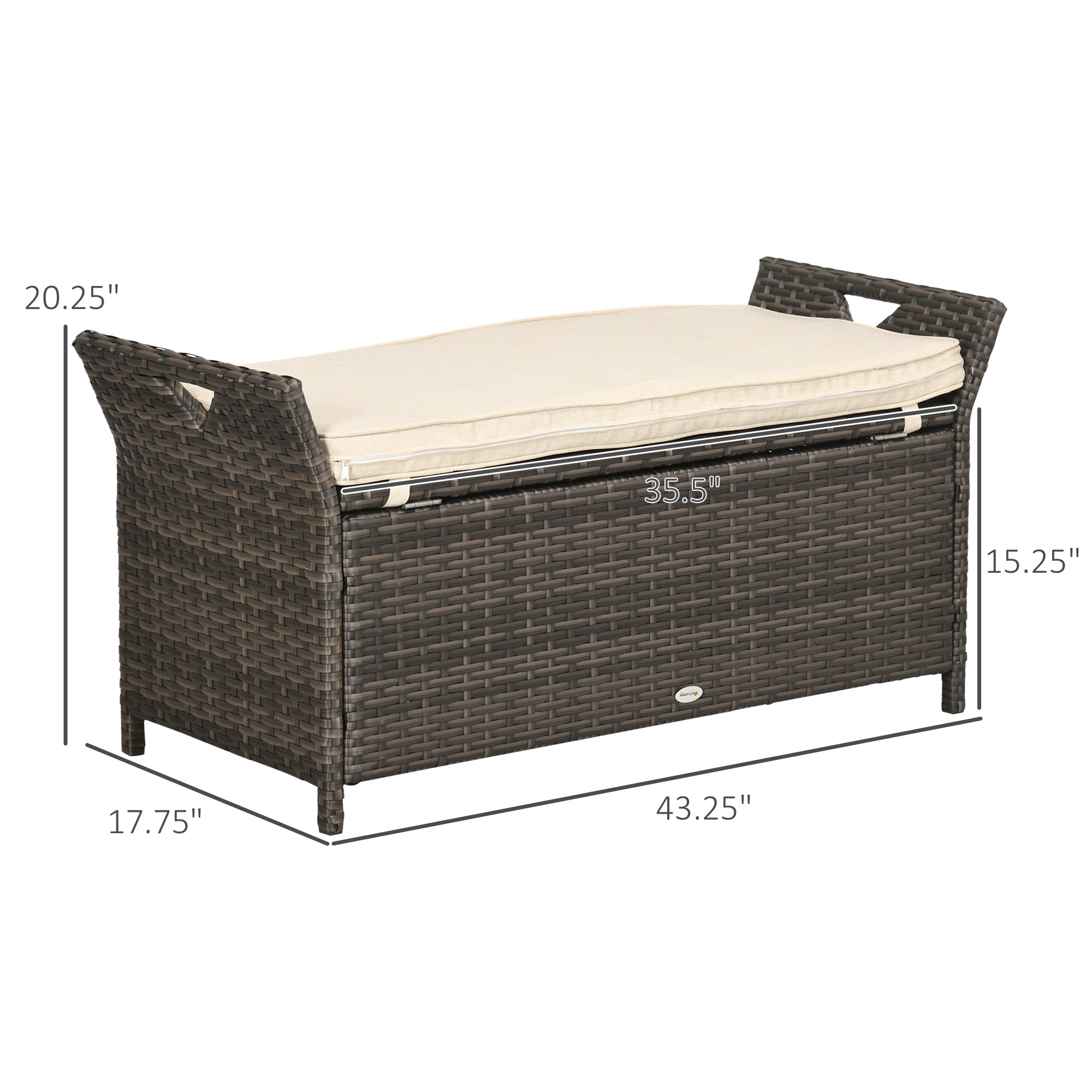 29 Gallon Patio Wicker Storage Bench, Outdoor PE Rattan Furniture, 2-In-1 Large Capacity Rectangle Garden Storage Box with Handles and Cushion, Cream White