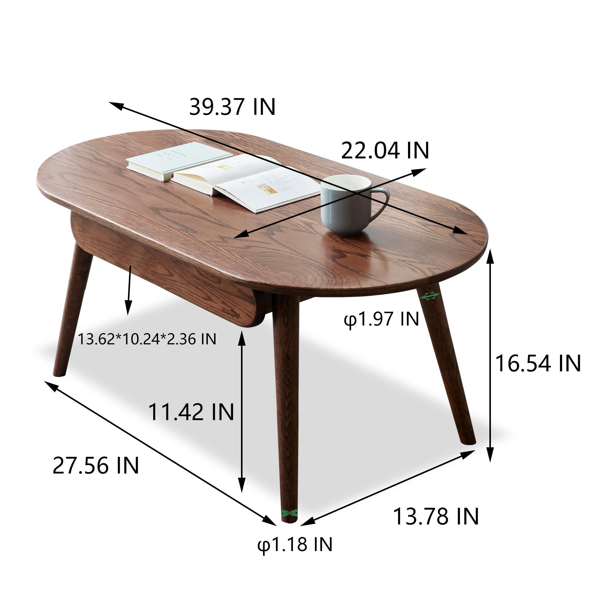 Compact Coffee Table with Storage Drawers and Rounded Edges, Sturdy Center Table with Handle-Free Design, 39.5″ L x 22″ W x 16.5″ H, Oak