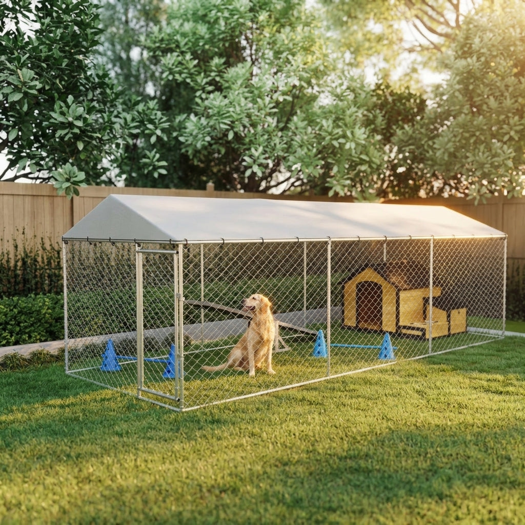 20' x 7.5' x 6.5' Dog Kennel Outdoor for Small Medium Large Dogs with Waterproof Roof, Silver