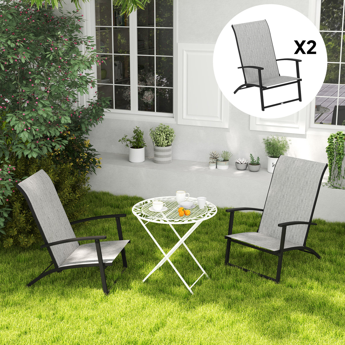 Set of 2 Outdoor Dining Chairs with High Back, Armrests, Folding Patio Chairs for Patio, Lawn, Camping, Gray