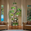 8-Tier Indoor Plant Stand with Grow Lights, Metal Plant Shelf, S-Shaped Design for Home and Patio, 19.5" L x 10" W x 61" H, Black+Dark Walnut