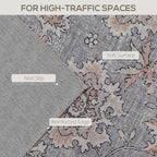 Machine Washable Area Rug 4x6, Non-Slip Traditional Flower Print Floor Carpet for Living Room, Bedroom, Grey and Brown