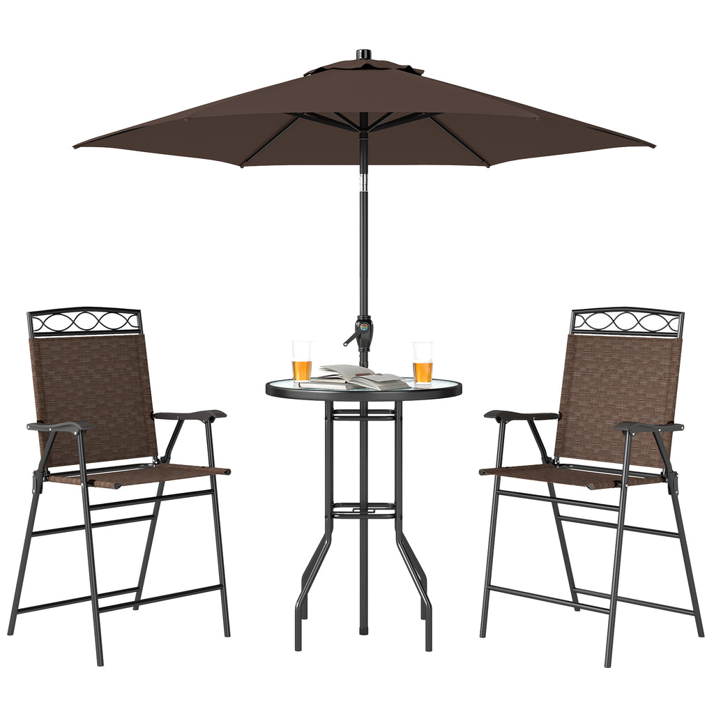 4 Piece Outdoor Bar Set with Umbrella, Patio Dining Set with 2 Folding Chairs, Wave Textured Tempered Glass Table for Backyard, Garden, Deck, Poolside, Brown