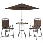 4 Piece Outdoor Bar Set with Umbrella, Patio Dining Set with 2 Folding Chairs, Wave Textured Tempered Glass Table for Backyard, Garden, Deck, Poolside, Brown
