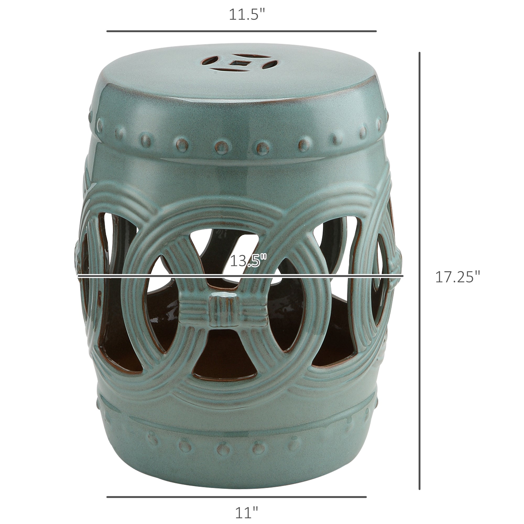 14" x 17" Ceramic Garden Stool with Double-Coin Knotted Ring Design & Strong Glazed Material, Decorative End Table, Home Collection, Antique Blue