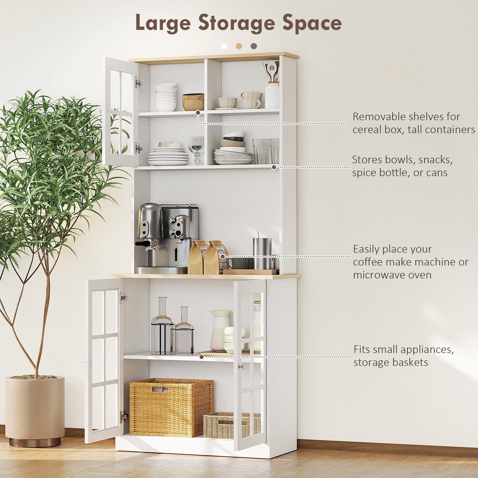 Kitchen Pantry Cabinet, 72" Freestanding Storage Cabinet with Hutch, Large Countertop, Glass Doors and Adjustable Shelves, Microwave Cabinet, Coffee Bar Cabinet for Dining Room, White