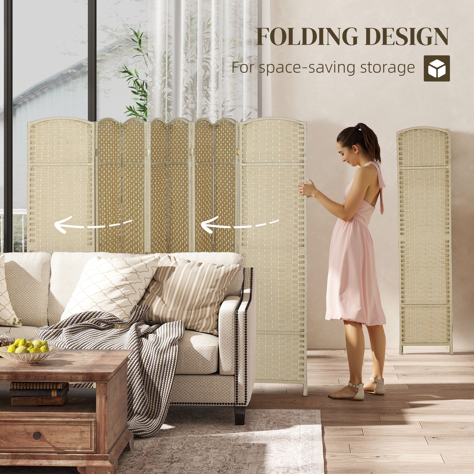 Folding Room Divider Screen 8 Panel 5.6 ' Tall Privacy Screen Freestanding Room Partition for Home Office, Beige