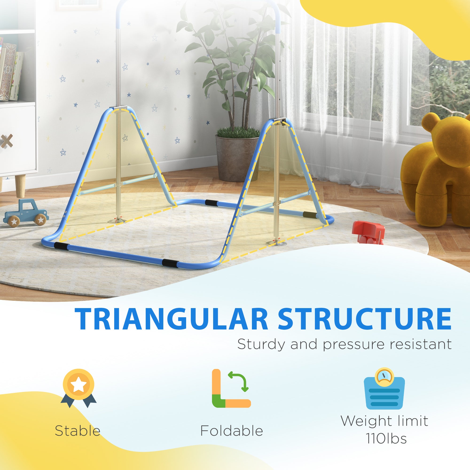 Folding Gymnastics Bar for Kids, Adjustable Height, Bubble Gum Blue