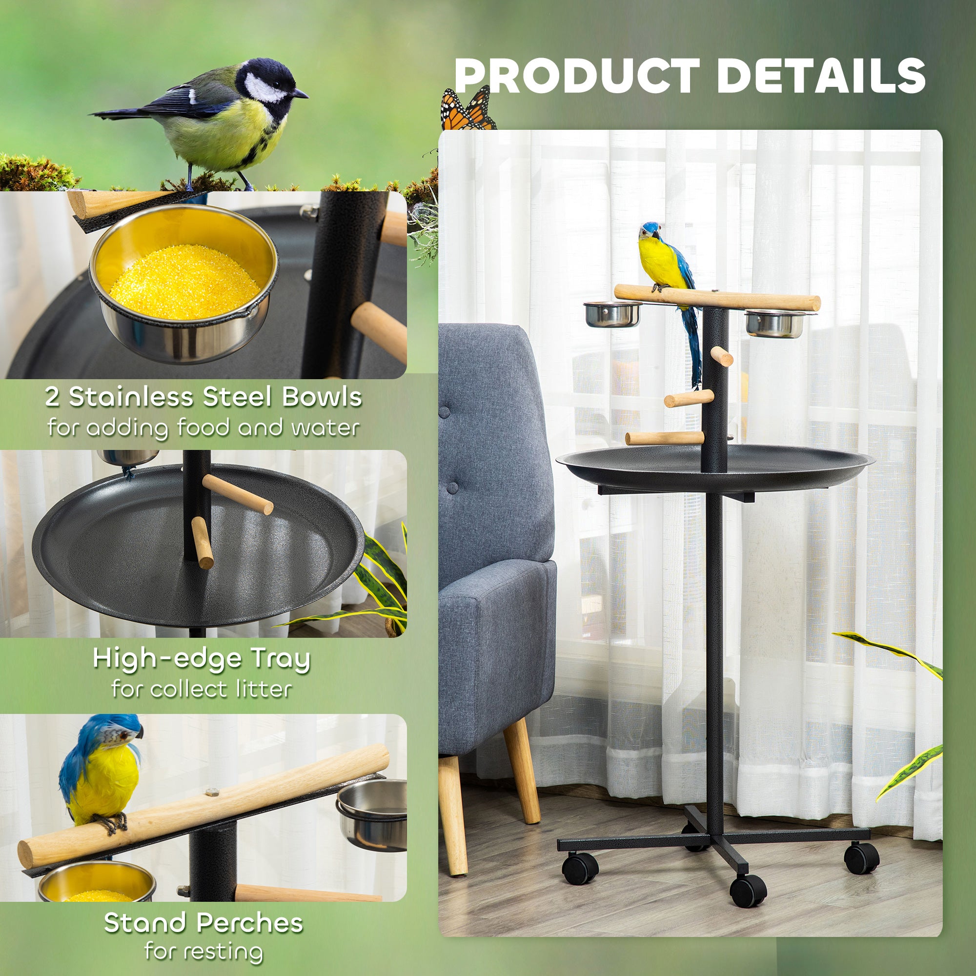 Portable Bird Play Stand, Parrot Perch Bird Feeder Station with Wheels, Stainless Steel Feeding Bowls, Tray, Gray