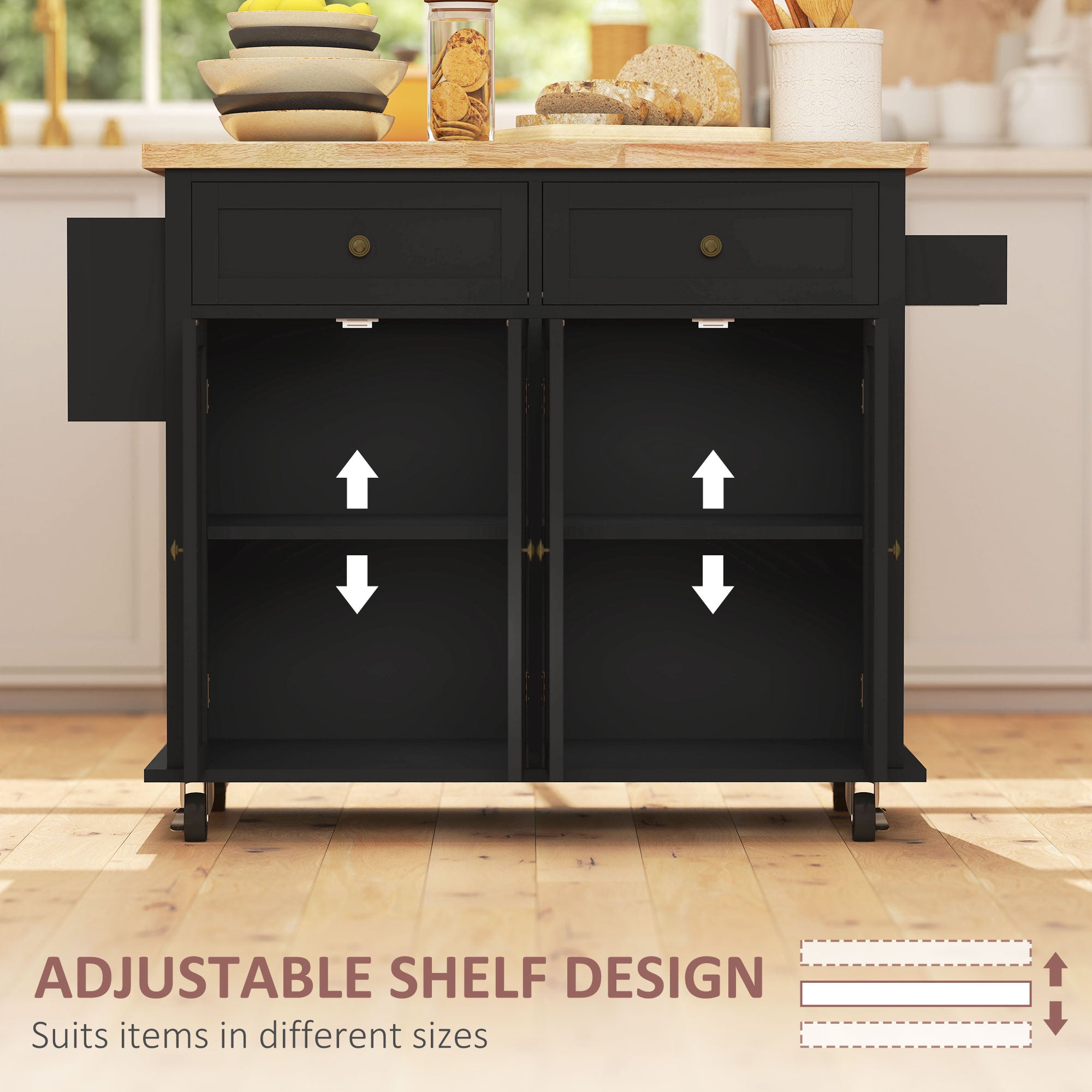 44" Mobile Kitchen Island Table, Kitchen Island Cart on Wheels with Storage Cabinets, 2 Drawers, Black