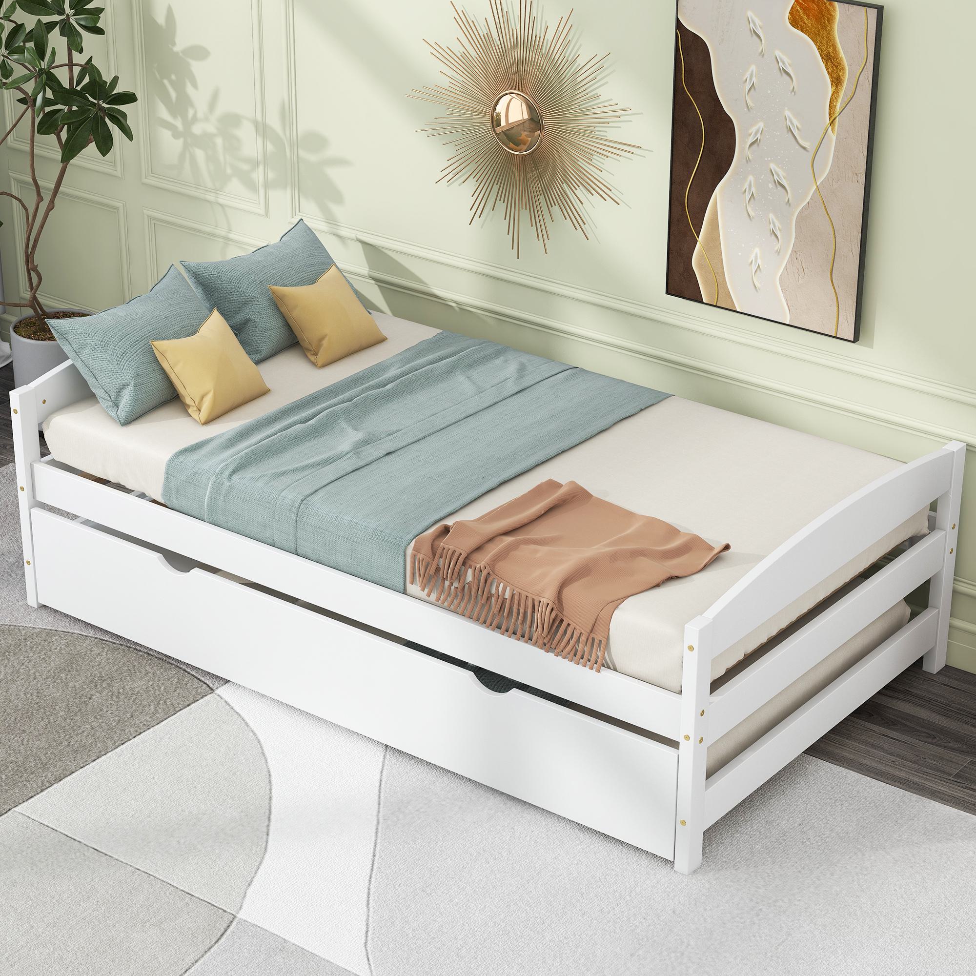 Twin Size Platform Bed with Twin Size Trundle, Headboard and Footboard, Sturdy Pine Wood Construction, 77.5" L x 40.5" W x 22" H, White