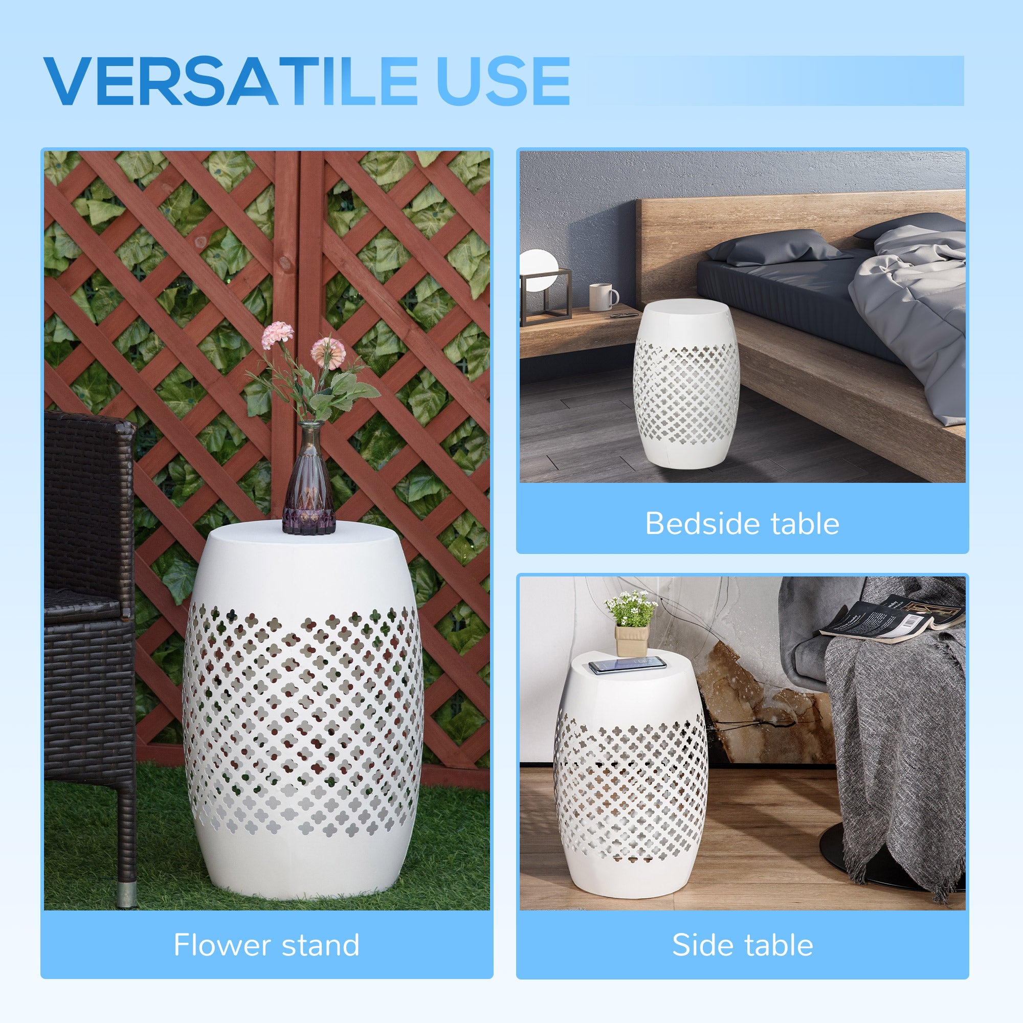 12" Steel Outdoor Side Table, Round Hollow Drum Patio End Table, Accent Table for Indoor and Outdoorr, White