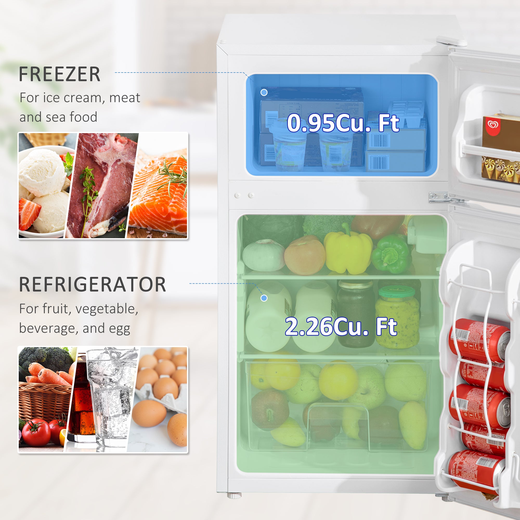 3.2 Cu.Ft Mini Fridge with Freezer, Compact Refrigerator with Adjustable Thermostat, Shelf and Double Reversible Door for Bedroom, Dorm, Home Office, Energy Efficient, White