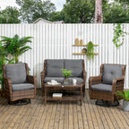 4 Piece PE Rattan Outdoor Patio Furniture Set, Wicker Conversation Set with 2 Swivel Glider Chairs, 2-Tier Glass Table and Loveseat for Garden, Patio, Poolside, Gray