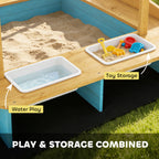 Wooden Sandbox with Dinosaur Print Canopy Kids Sandbox Outdoor with Bench Seats & 2 Storage Bins