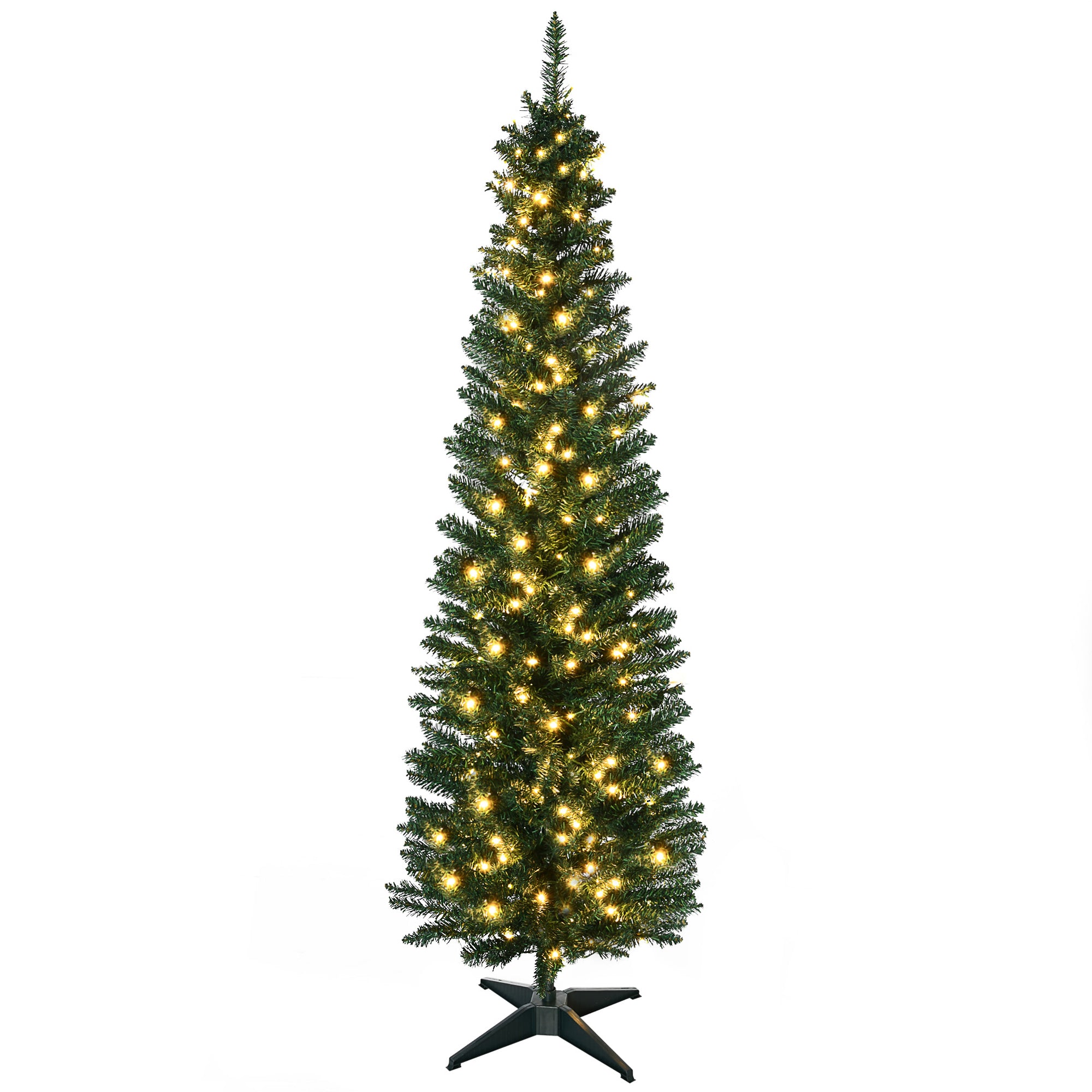 7' Tall Pre-Lit Slim Noble Fir Artificial Pencil Christmas Tree with 200 Warm White LED Lights and 499 Tips, for Christmas Decoration, Green