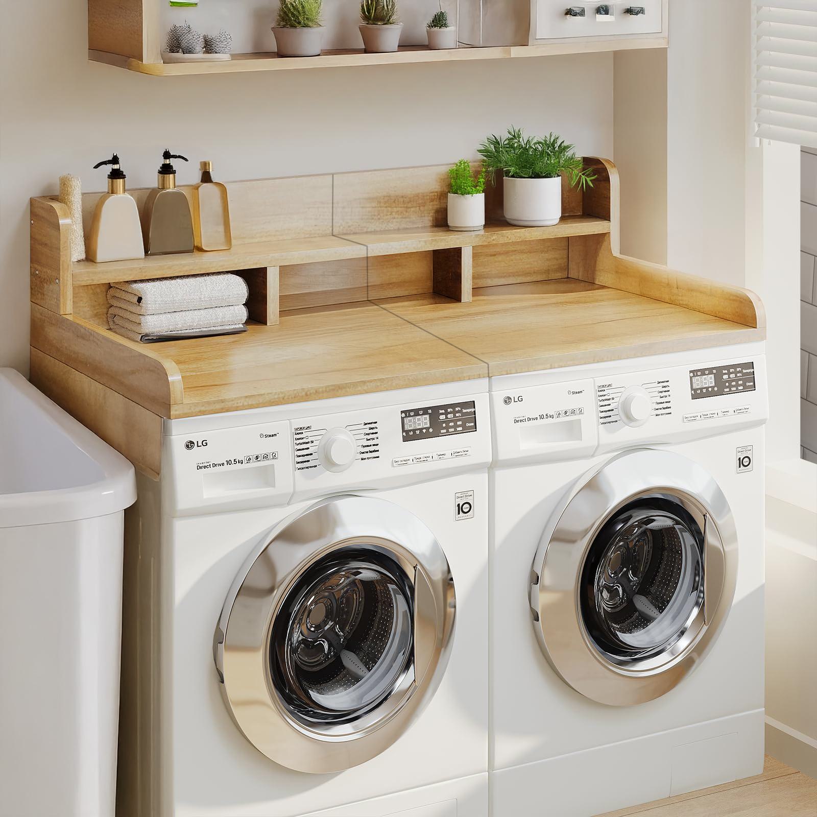 Double Layer Practical Washer Dryer Countertop with Non-slip Pads, Laundry Wood Shelf Topper with Edge, 54" L x 27.5" W x 12" H, Natural