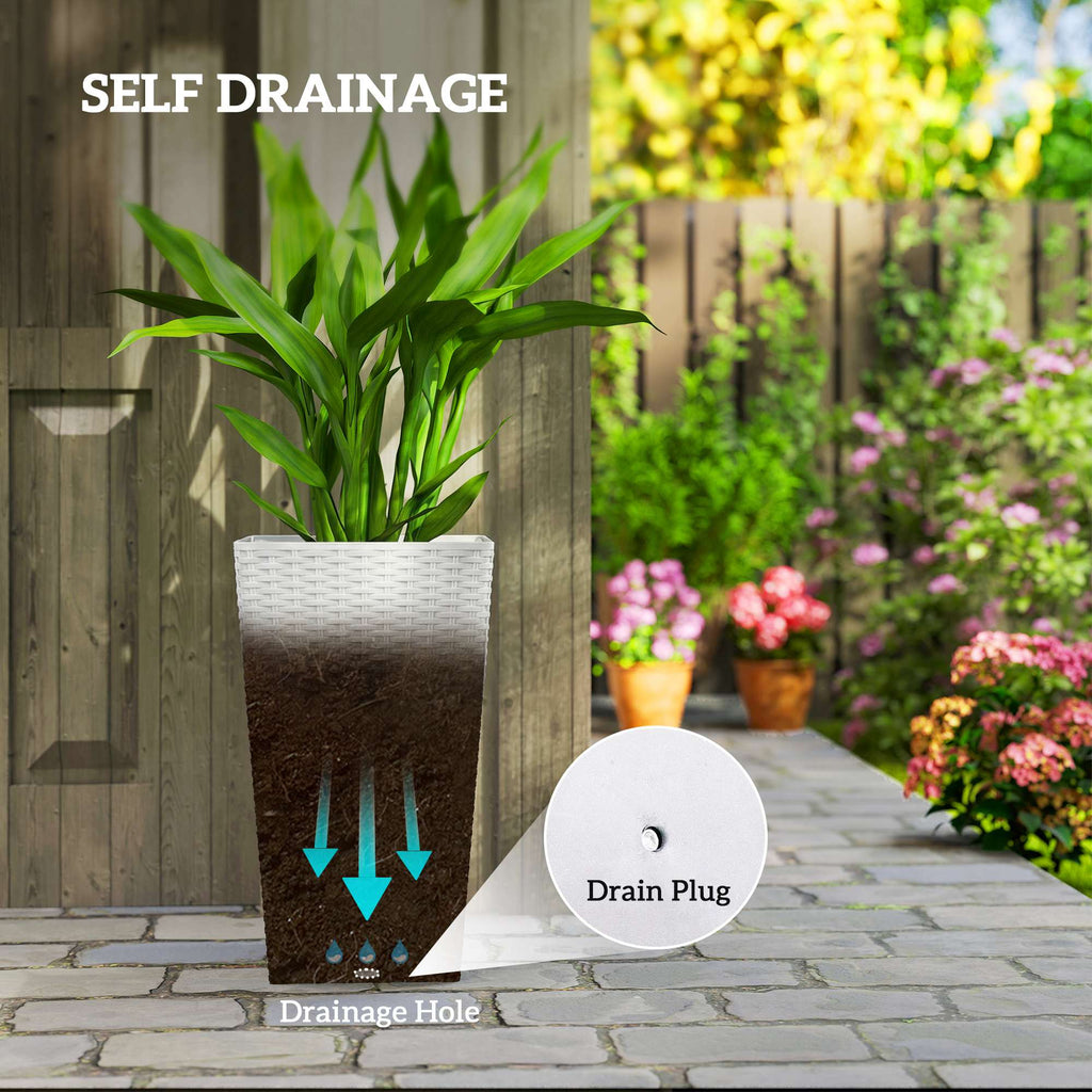 Tall Planters for Outdoor Plants Set of 3, 24 In Taper Planters with Drainage Holes, Rattan Decor Plant Pots, White