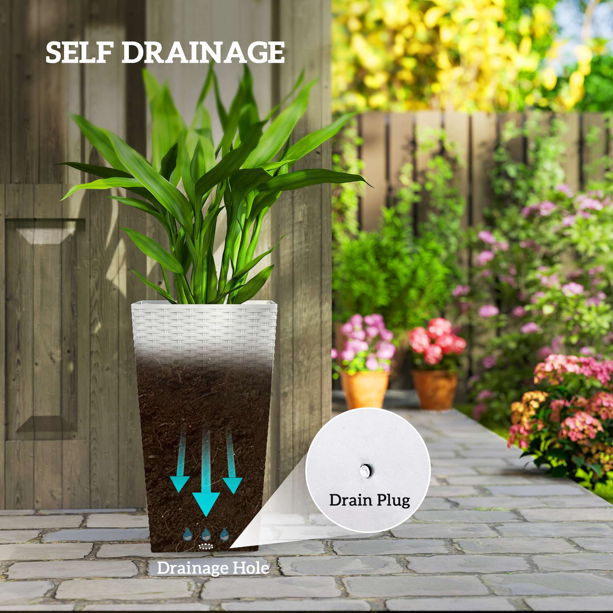 Tall Planters for Outdoor Plants Set of 3, 24 In Taper Planters with Drainage Holes, Rattan Decor Plant Pots, White