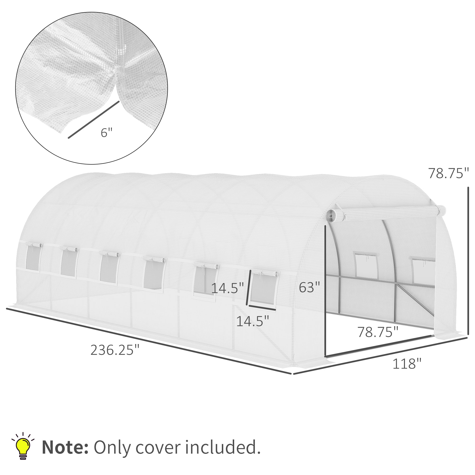 19.7' x 9.8' x 6.6' Plastic Greenhouse Cover Replacement, Heavy Duty Waterproof Tarp for Hoop House, Sheeting with 12 Windows, Door & Reinforcement Grid, White