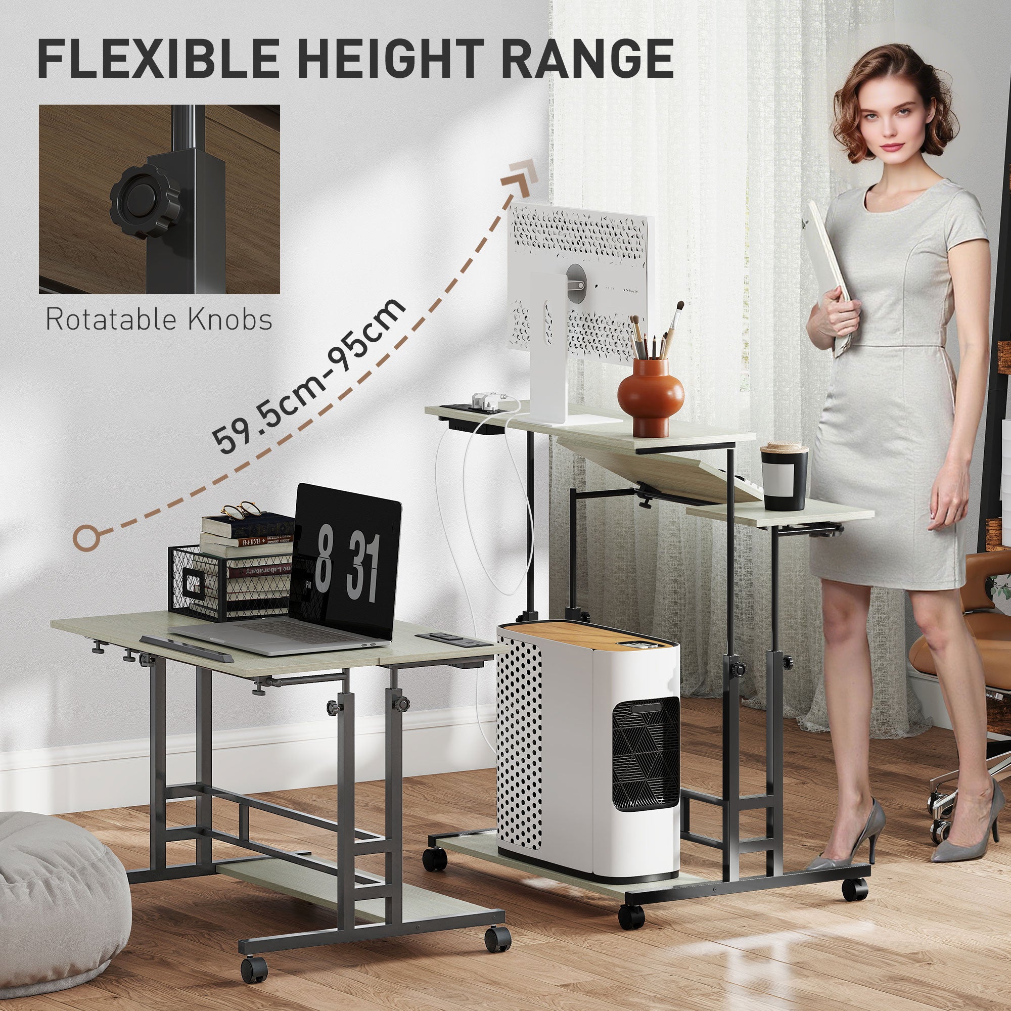 Adjustable Standing Desk with Power Outlets, Stand Up Desk with Tiltable Tabletop, Wheels, Shelf, for Home Office, Oak