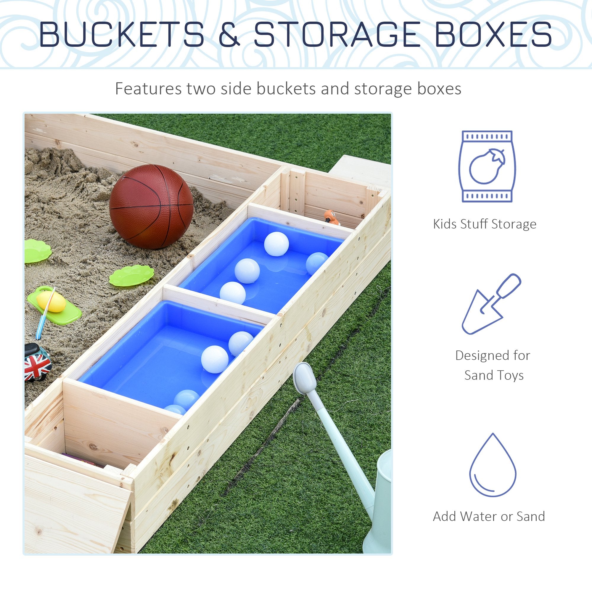 Kids Wooden Sandbox w/ Two Plastic Boxes Foldable Bench Seat Waterproof Cover Bottom Liner Storage Space